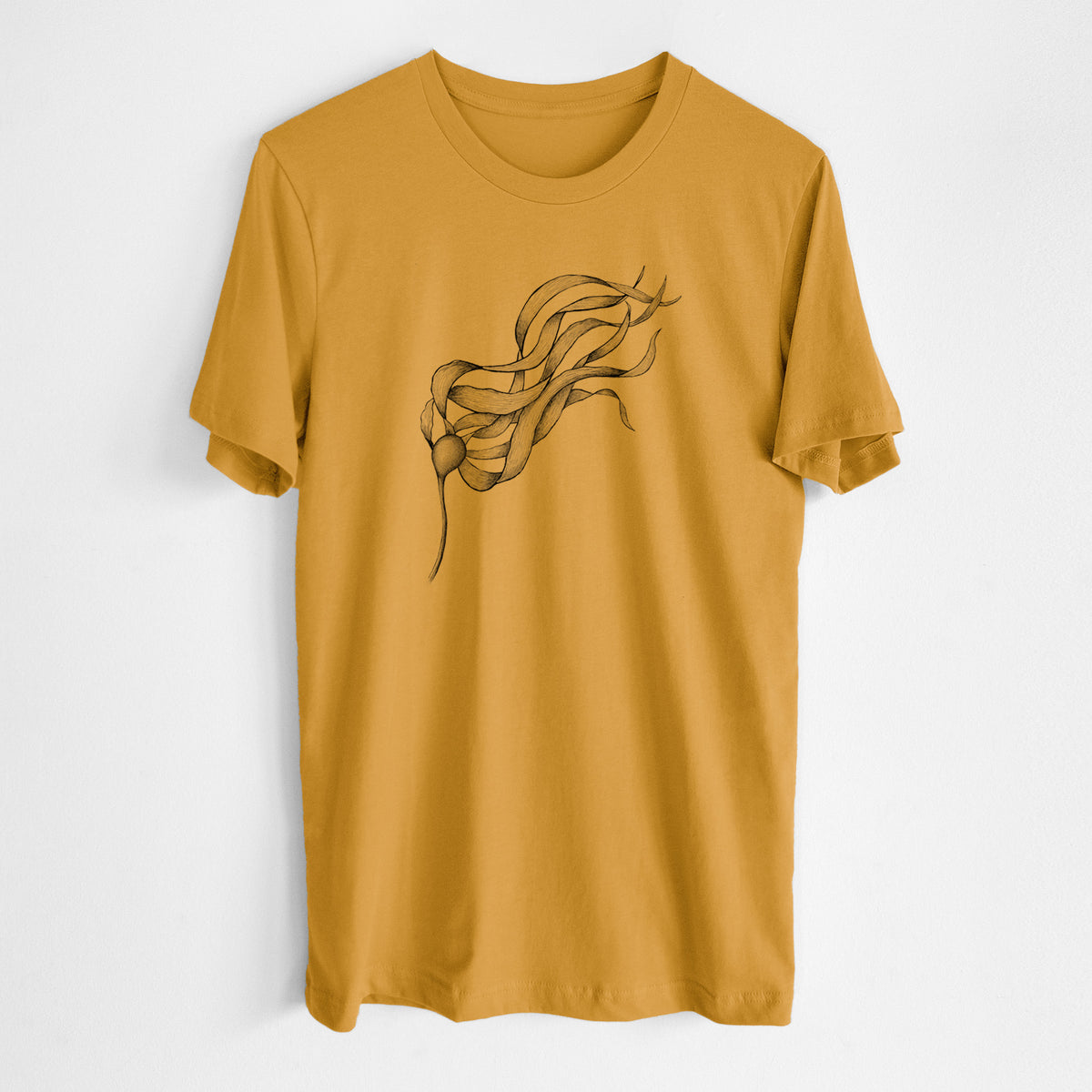 Honeycomb yellow lightweight cotton t-shirt laid flat, printed with a black ink line drawing of a strand of bull kelp with long flowing blades.