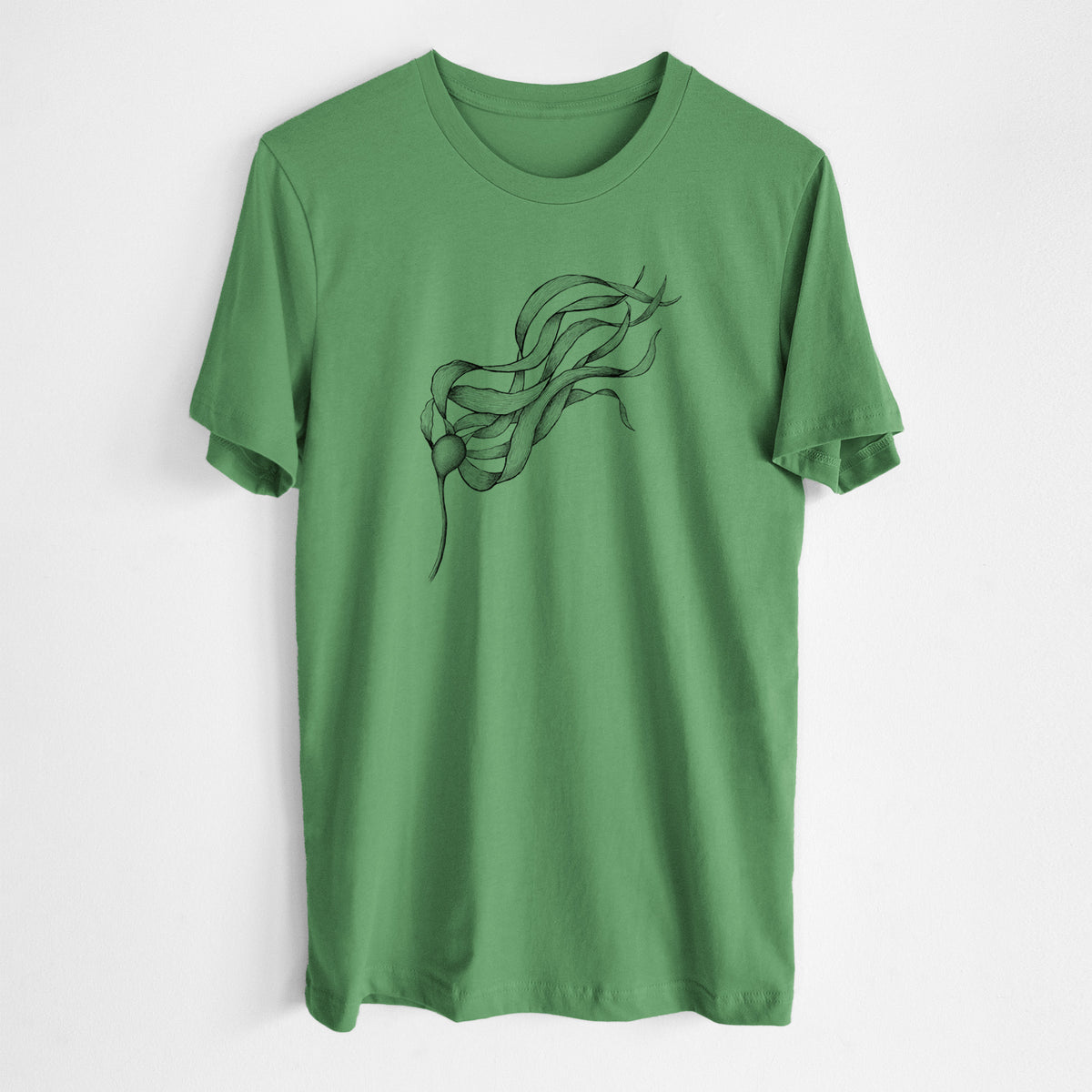 Leaf green lightweight cotton t-shirt laid flat, printed with a black ink line drawing of a strand of bull kelp with long flowing blades.