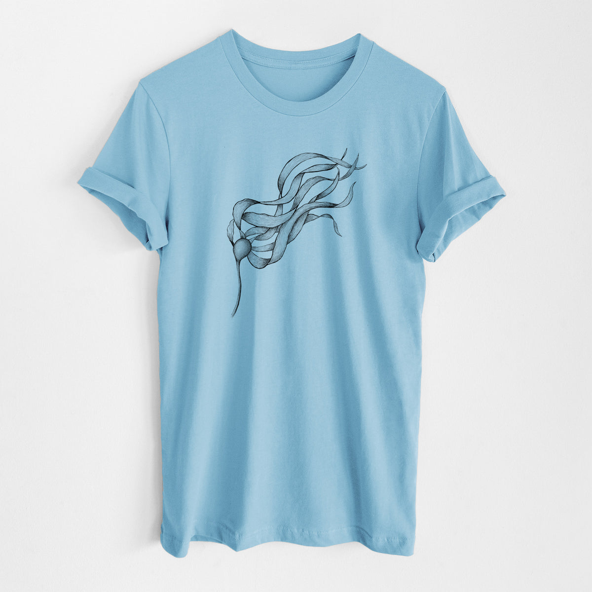 Ocean blue lightweight cotton t-shirt laid flat, printed with a black ink line drawing of a strand of bull kelp with long flowing blades.