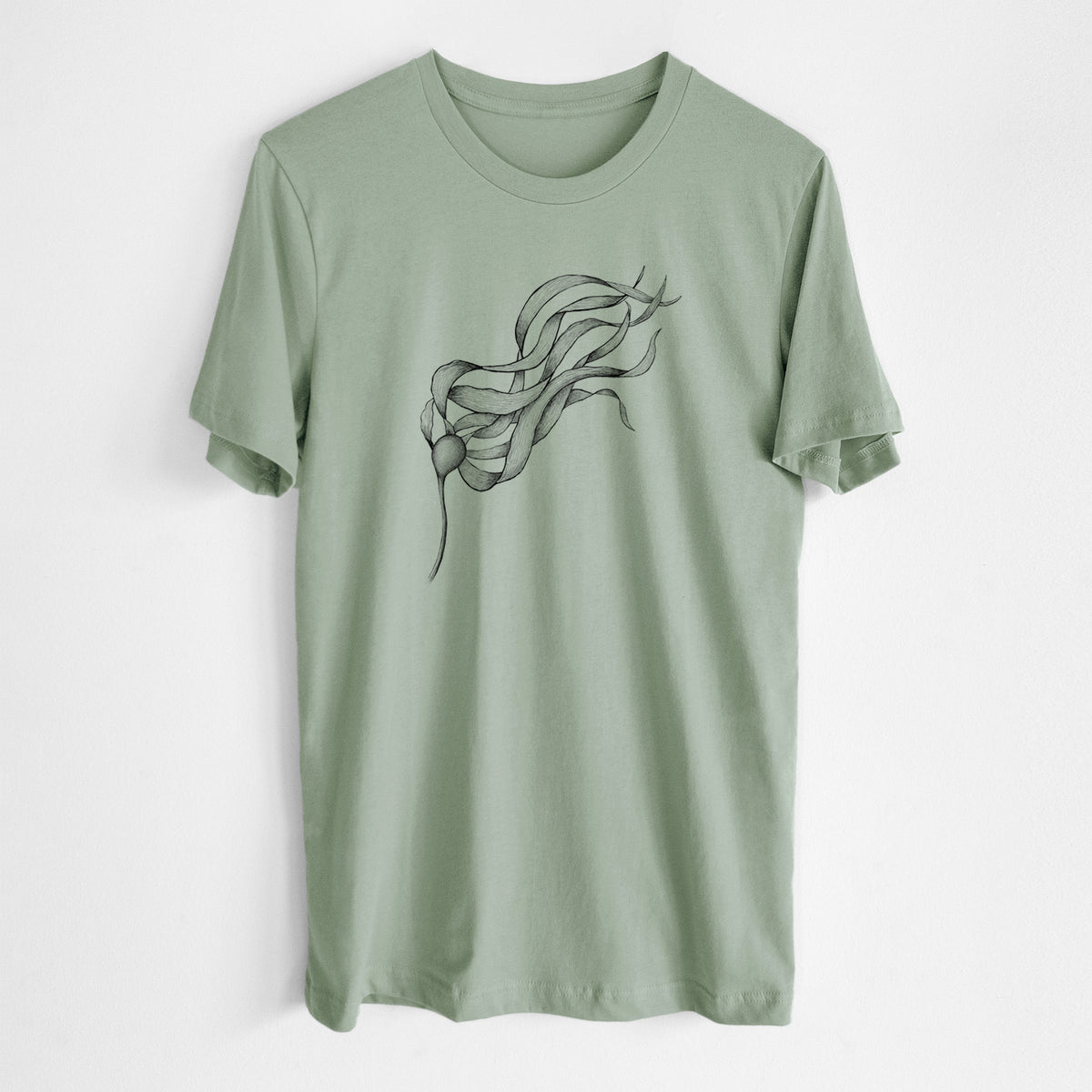 Sage green lightweight cotton t-shirt laid flat, printed with a black ink line drawing of a strand of bull kelp with long flowing blades.