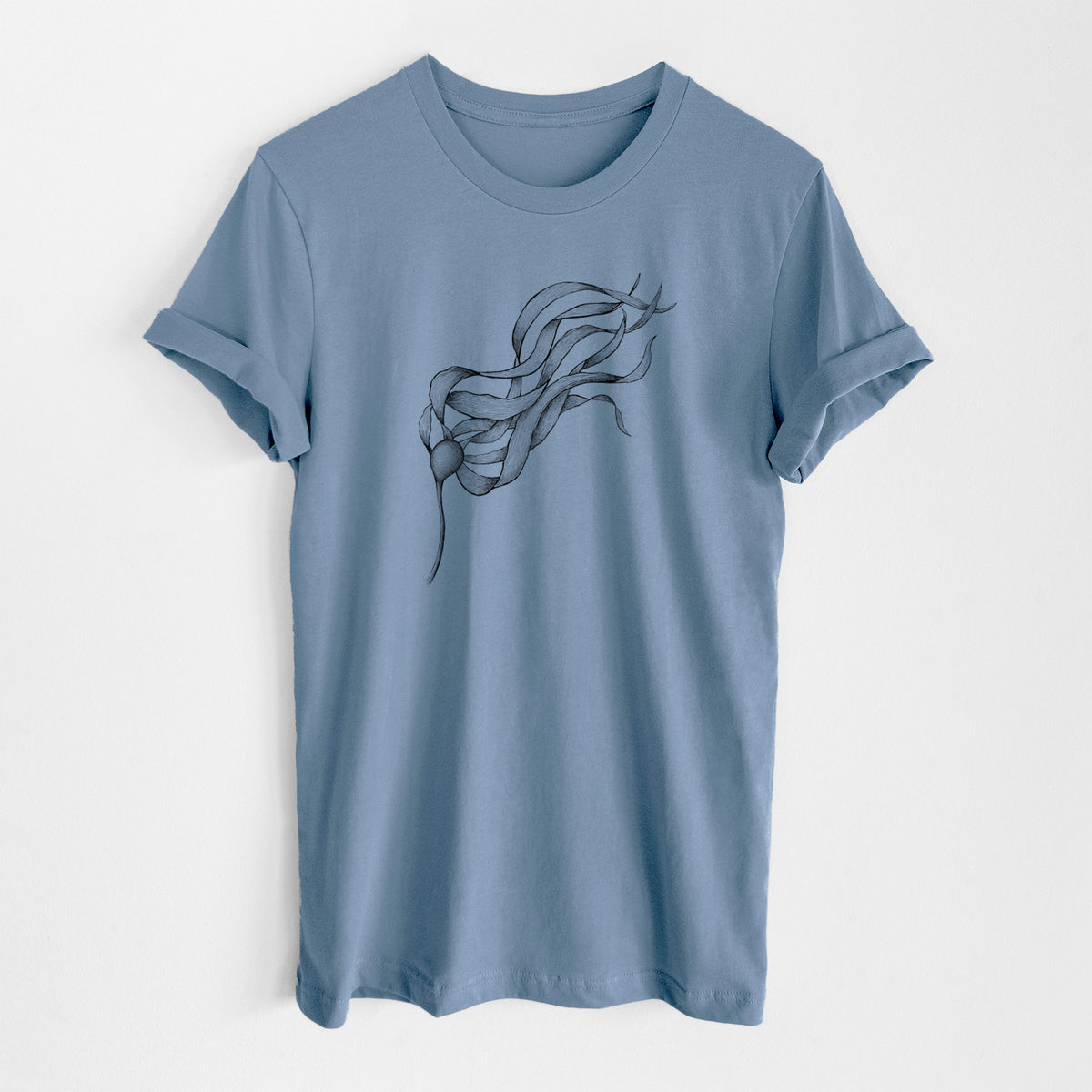Steel blue lightweight cotton t-shirt laid flat, printed with a black ink line drawing of a strand of bull kelp with long flowing blades.