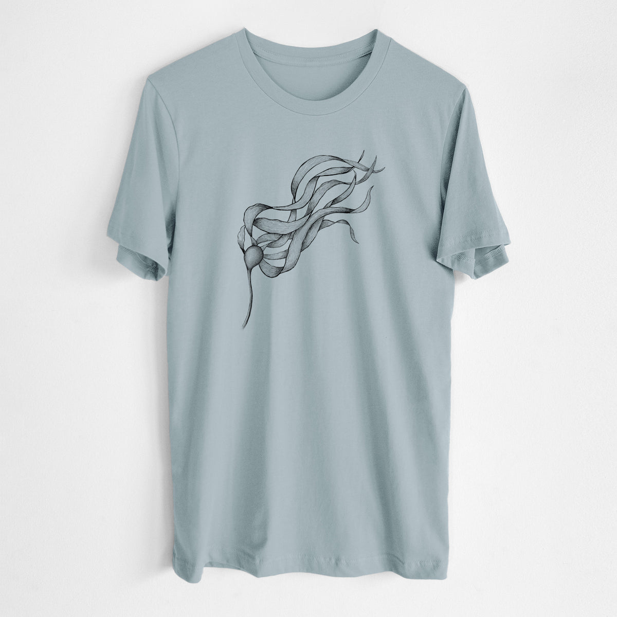 Vintage denim lightweight cotton t-shirt laid flat, printed with a black ink line drawing of a strand of bull kelp with long flowing blades.