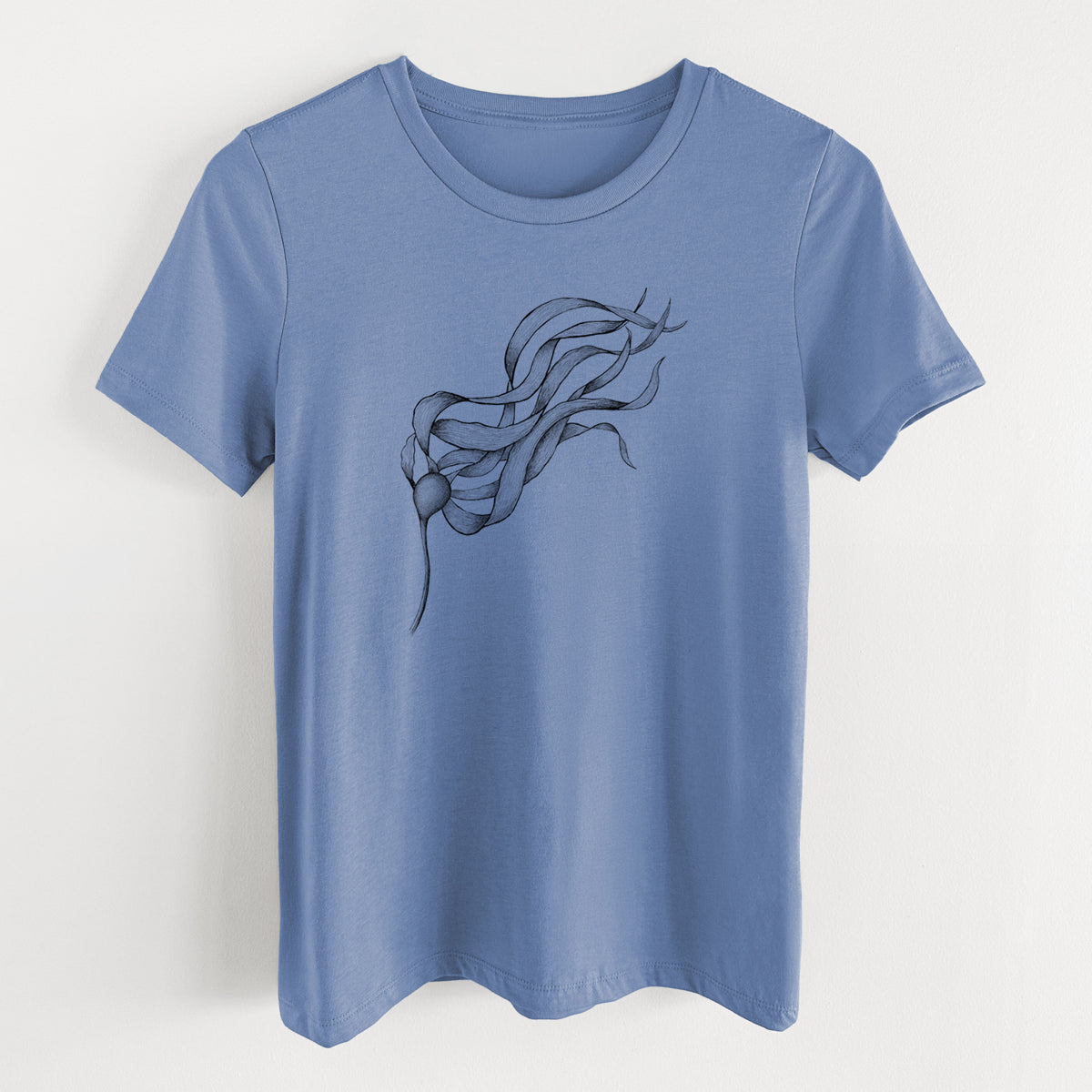 Blue bell women's relaxed fit cotton t-shirt laid flat, printed with a black ink line drawing of a strand of bull kelp with long flowing blades.