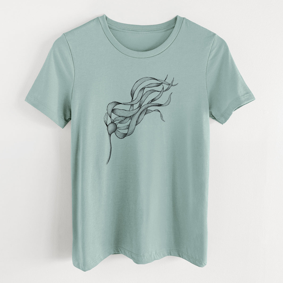 Dusty blue women's relaxed fit cotton t-shirt laid flat, printed with a black ink line drawing of a strand of bull kelp with long flowing blades.
