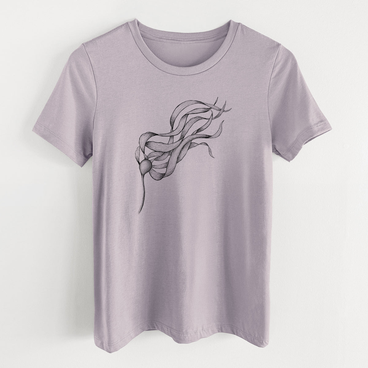 Light violet women's relaxed fit cotton t-shirt laid flat, printed with a black ink line drawing of a strand of bull kelp with long flowing blades.