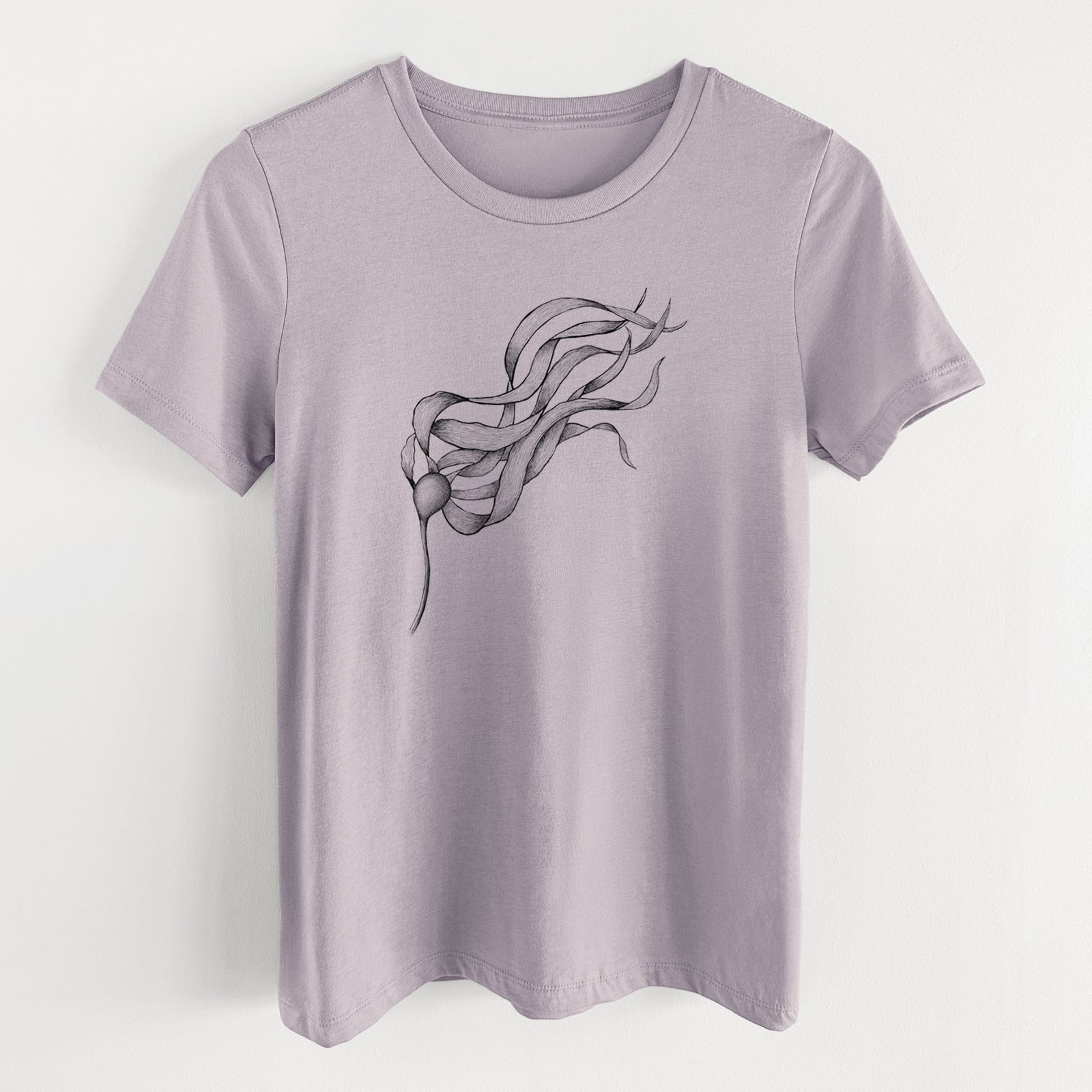 Light violet women's relaxed fit cotton t-shirt laid flat, printed with a black ink line drawing of a strand of bull kelp with long flowing blades.