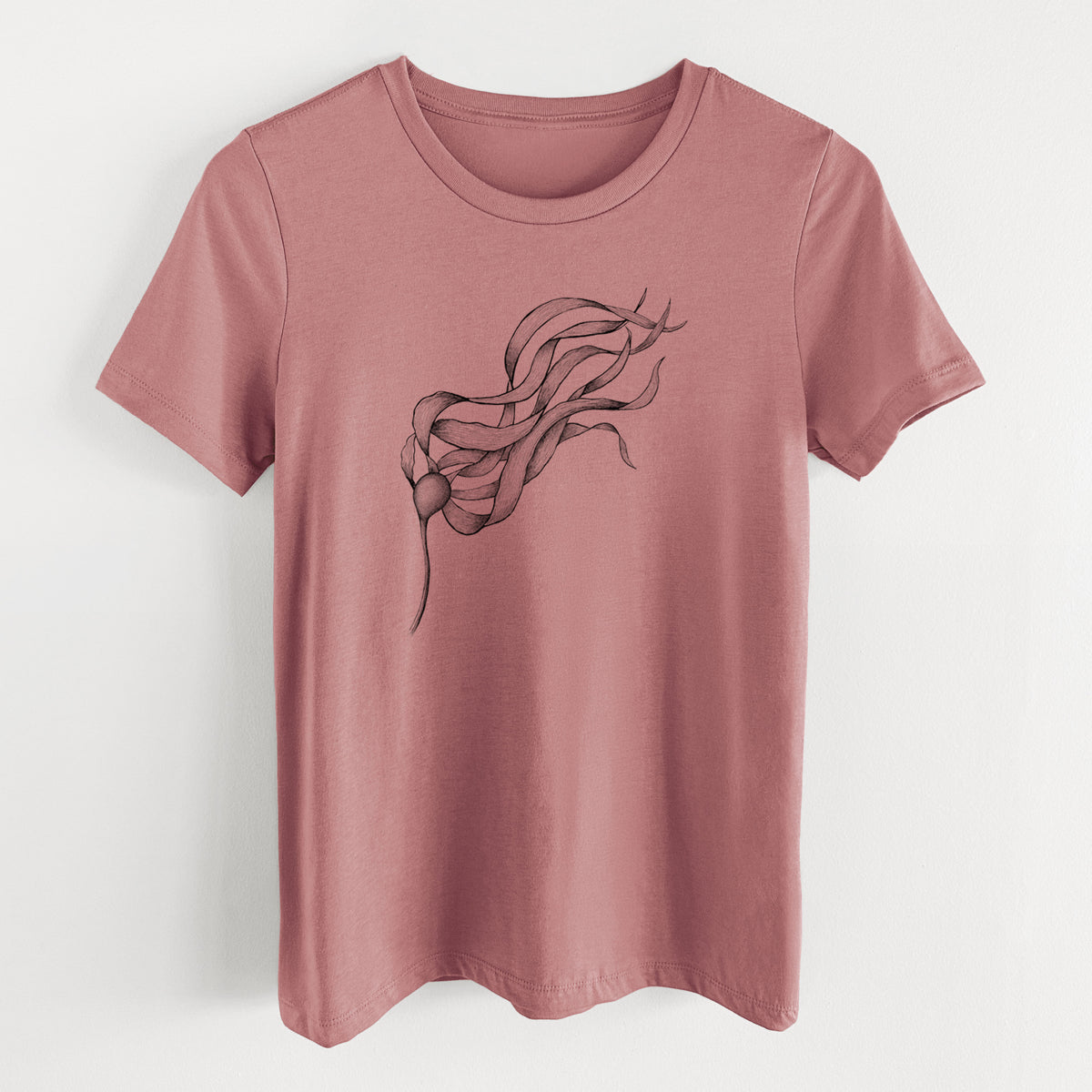 Mauve pink women's relaxed fit cotton t-shirt laid flat, printed with a black ink line drawing of a strand of bull kelp with long flowing blades.