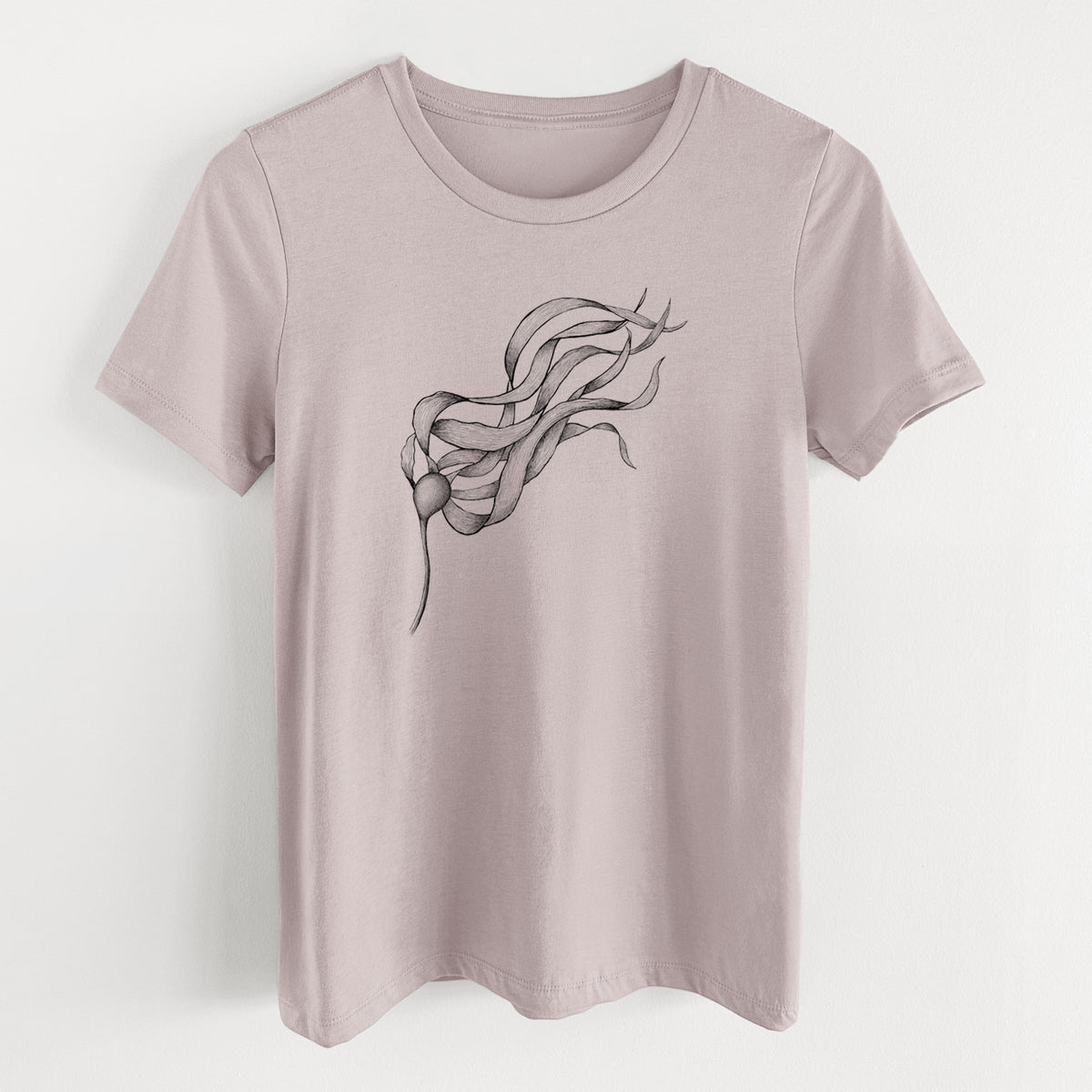 Pink gravel women's relaxed fit cotton t-shirt laid flat, printed with a black ink line drawing of a strand of bull kelp with long flowing blades.