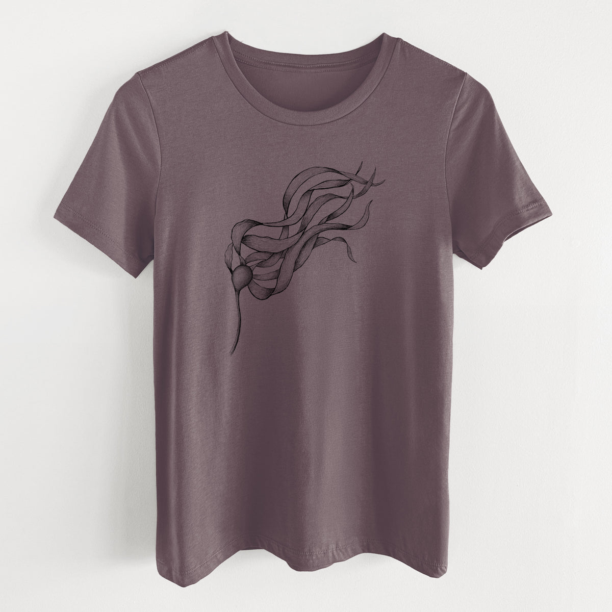 Purple storm women's relaxed fit cotton t-shirt laid flat, printed with a black ink line drawing of a strand of bull kelp with long flowing blades.