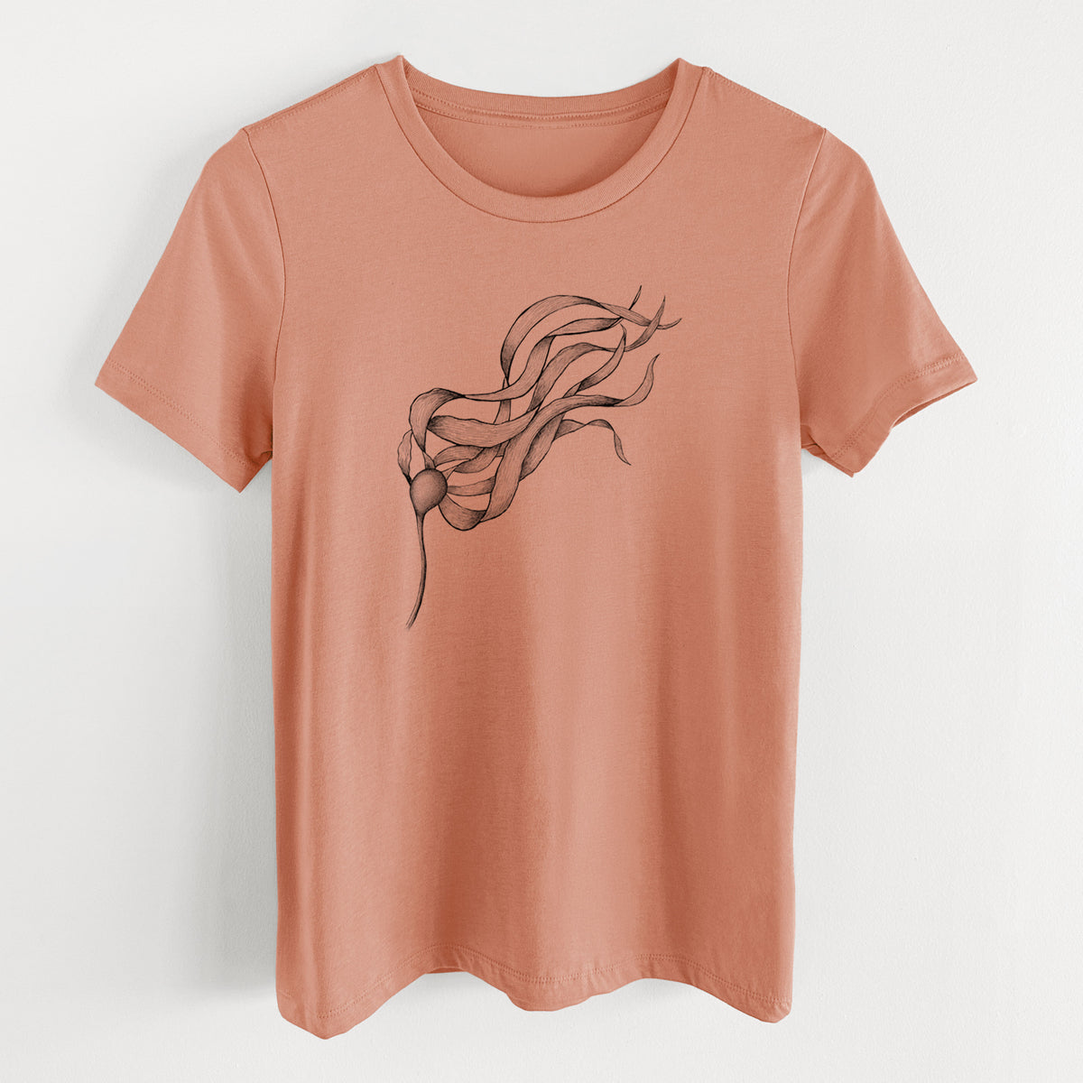 Terracotta orange women's relaxed fit cotton t-shirt laid flat, printed with a black ink line drawing of a strand of bull kelp with long flowing blades.