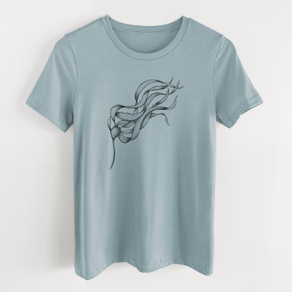 Vintage denim women's relaxed fit cotton t-shirt laid flat, printed with a black ink line drawing of a strand of bull kelp with long flowing blades.