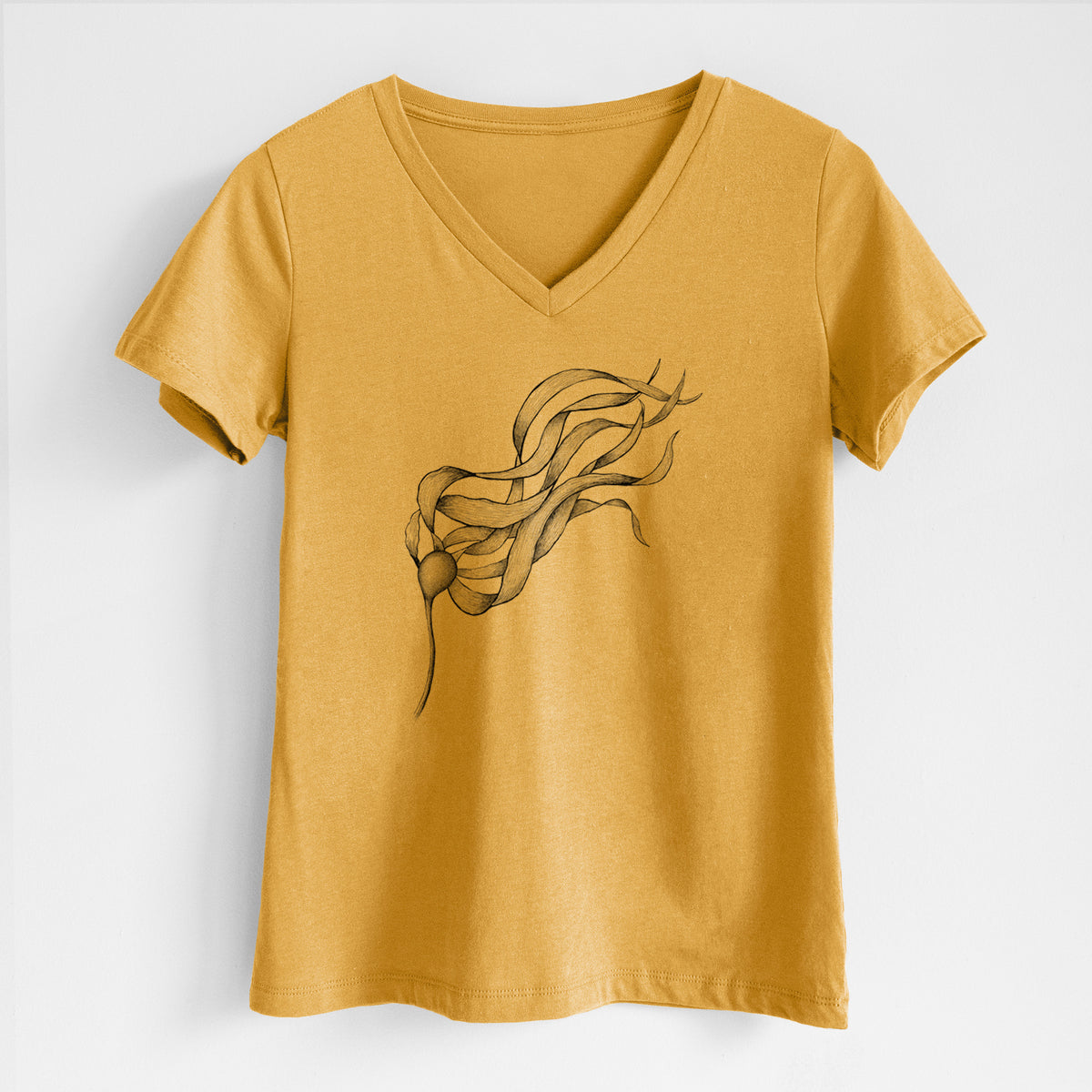 Honeycomb yellow women's relaxed fit cotton V-neck t-shirt laid flat, printed with a black ink line drawing of a strand of bull kelp with long flowing blades.