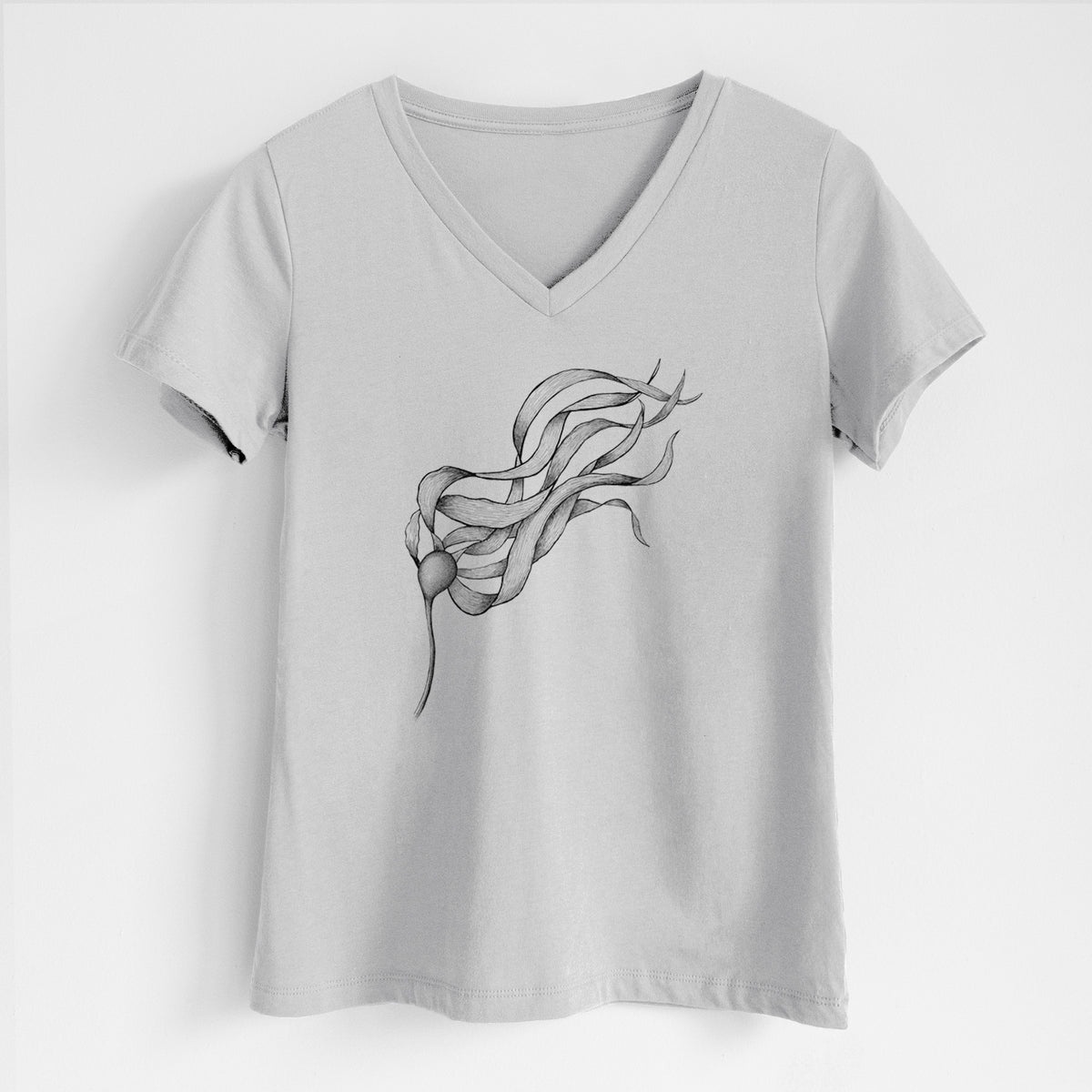 Lunar grey women's relaxed fit cotton V-neck t-shirt laid flat, printed with a black ink line drawing of a strand of bull kelp with long flowing blades.
