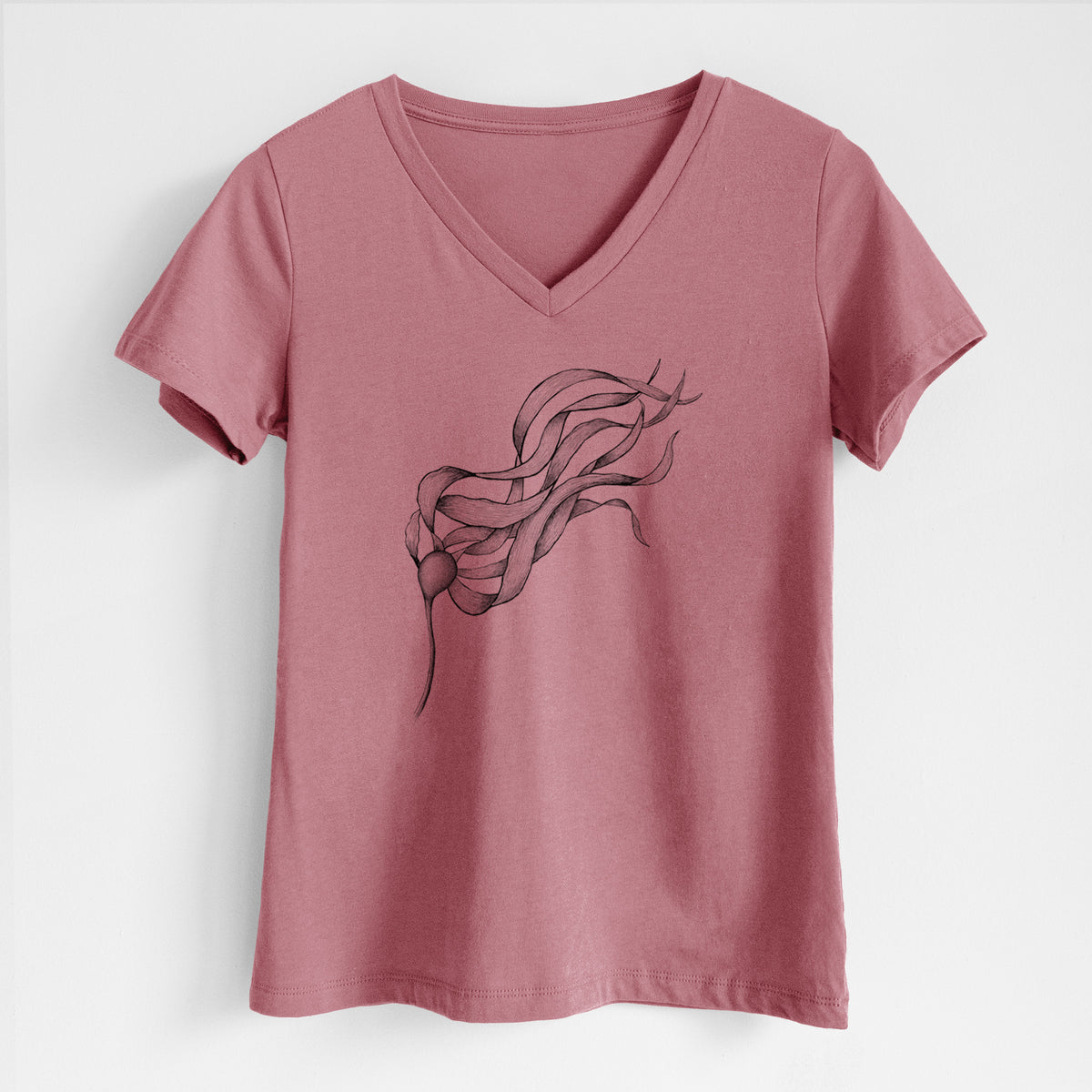 Mauve pink women's relaxed fit cotton V-neck t-shirt laid flat, printed with a black ink line drawing of a strand of bull kelp with long flowing blades.