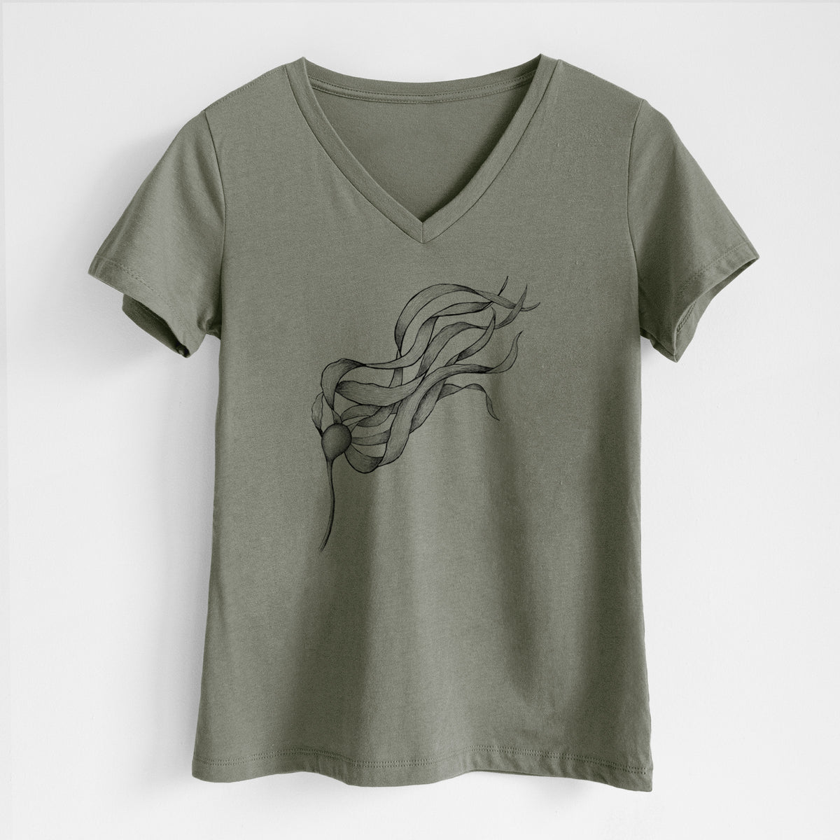 Military green women's relaxed fit cotton V-neck t-shirt laid flat, printed with a black ink line drawing of a strand of bull kelp with long flowing blades.