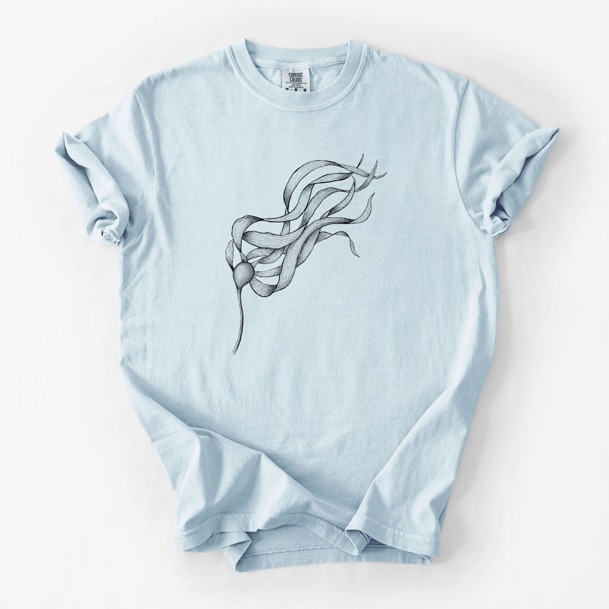 Chambray blue Comfort Colors t-shirt laid flat, printed with a black ink line drawing of a strand of bull kelp with long flowing blades.