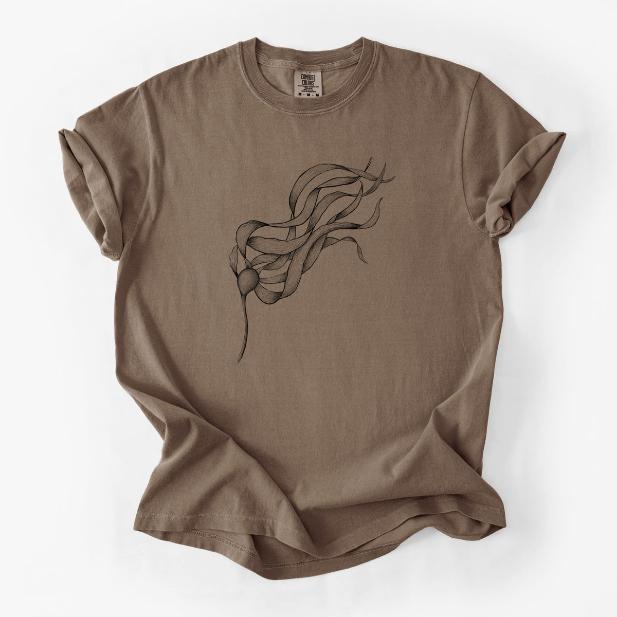 Espresso brown Comfort Colors t-shirt laid flat, printed with a black ink line drawing of a strand of bull kelp with long flowing blades.