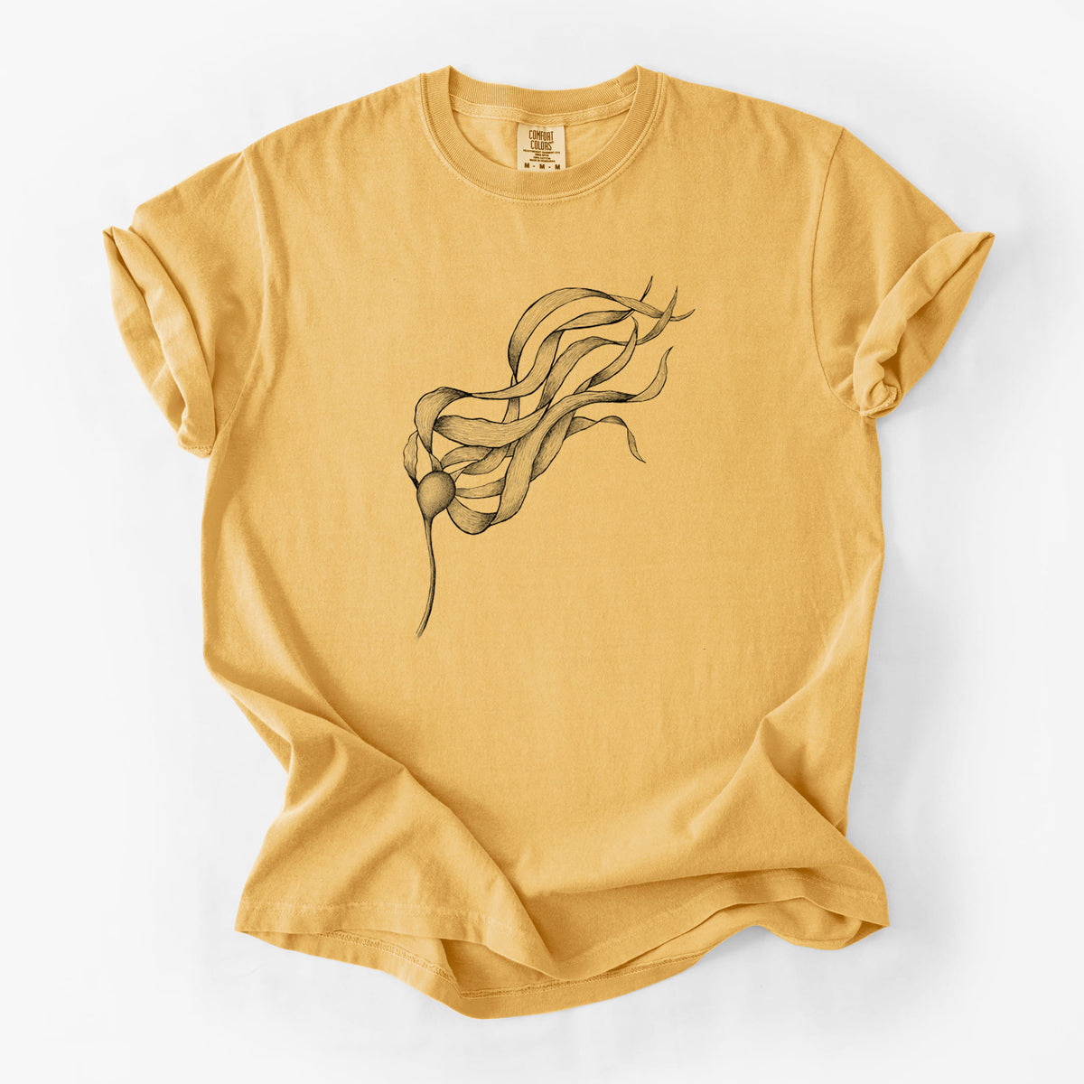 Golden wheat yellow Comfort Colors t-shirt laid flat, printed with a black ink line drawing of a strand of bull kelp with long flowing blades.