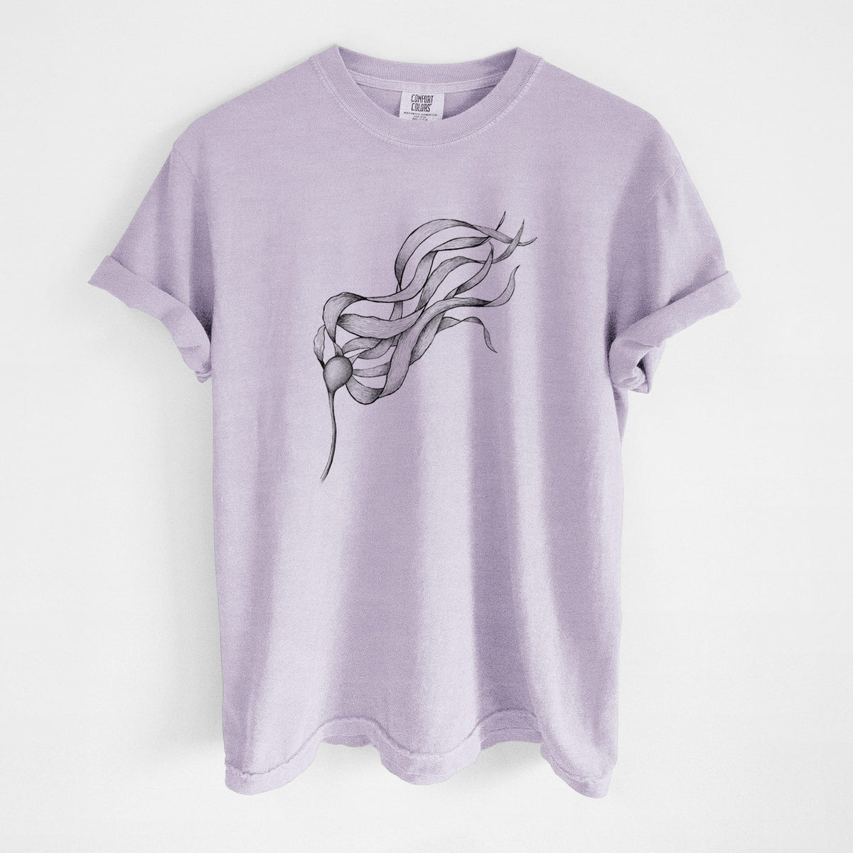 Orchid purple Comfort Colors t-shirt laid flat, printed with a black ink line drawing of a strand of bull kelp with long flowing blades.