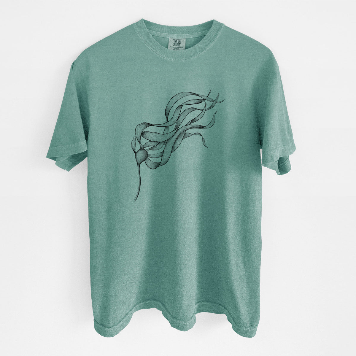 Reef green Comfort Colors t-shirt laid flat, printed with a black ink line drawing of a strand of bull kelp with long flowing blades.