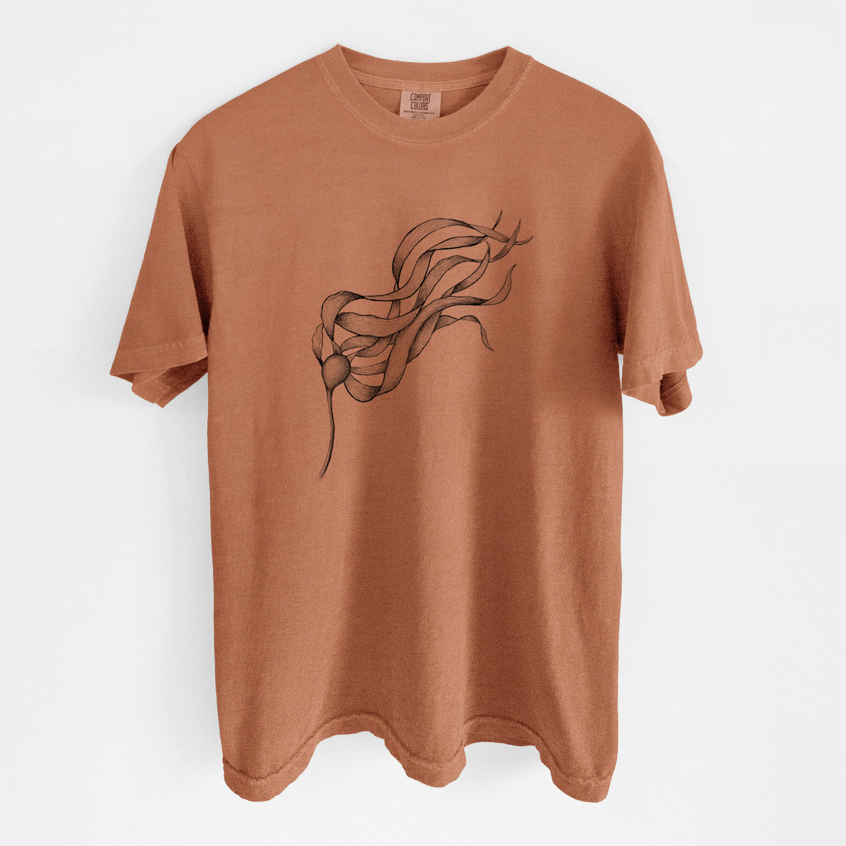 Yam burnt orange Comfort Colors t-shirt laid flat, printed with a black ink line drawing of a strand of bull kelp with long flowing blades.