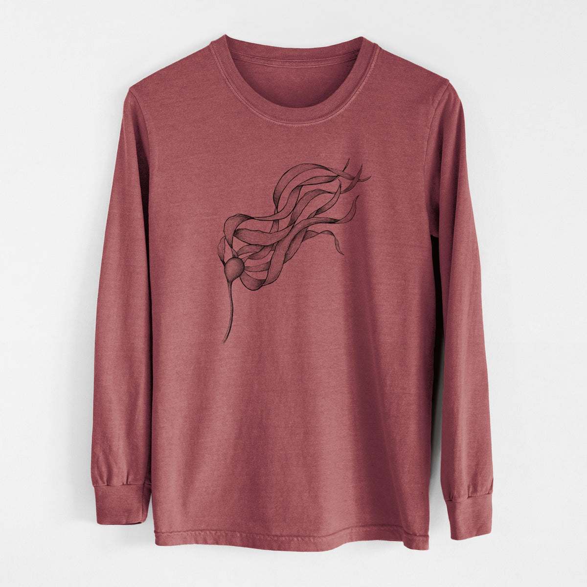 Brick red Comfort Colors long sleeve shirt laid flat, printed with a black ink line drawing of a strand of bull kelp with long flowing blades.