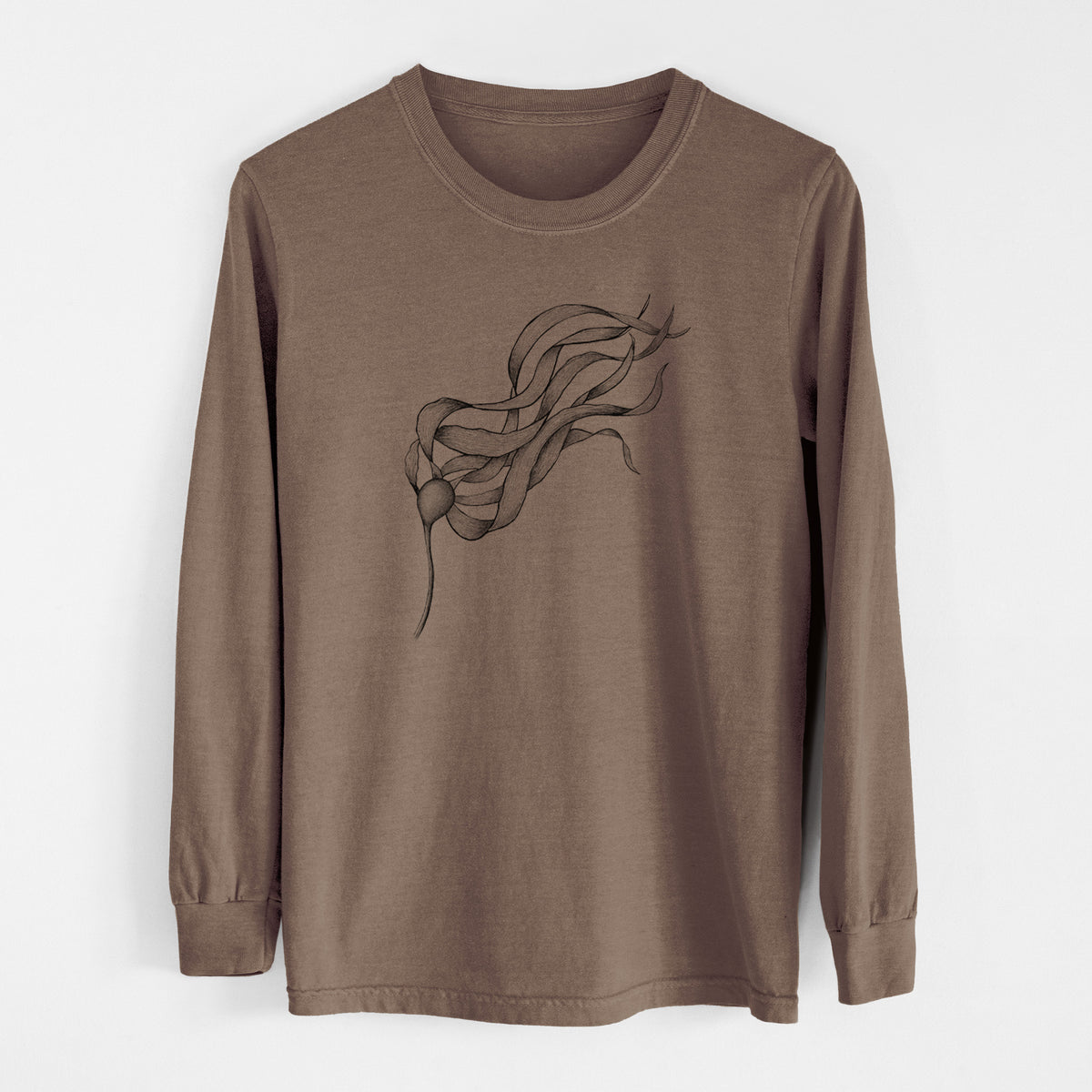 Espresso brown Comfort Colors long sleeve shirt laid flat, printed with a black ink line drawing of a strand of bull kelp with long flowing blades.