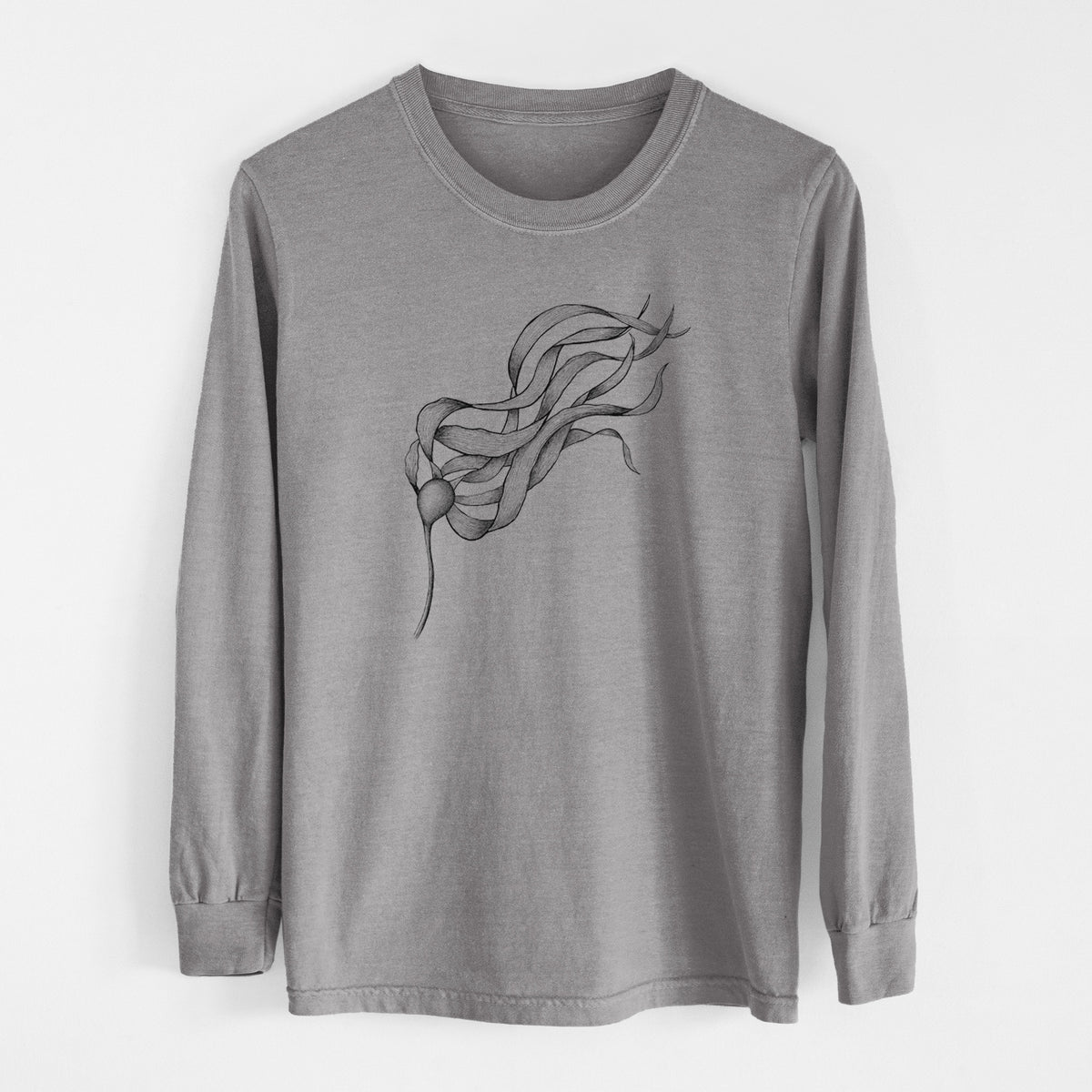 Grey Comfort Colors long sleeve shirt laid flat, printed with a black ink line drawing of a strand of bull kelp with long flowing blades.