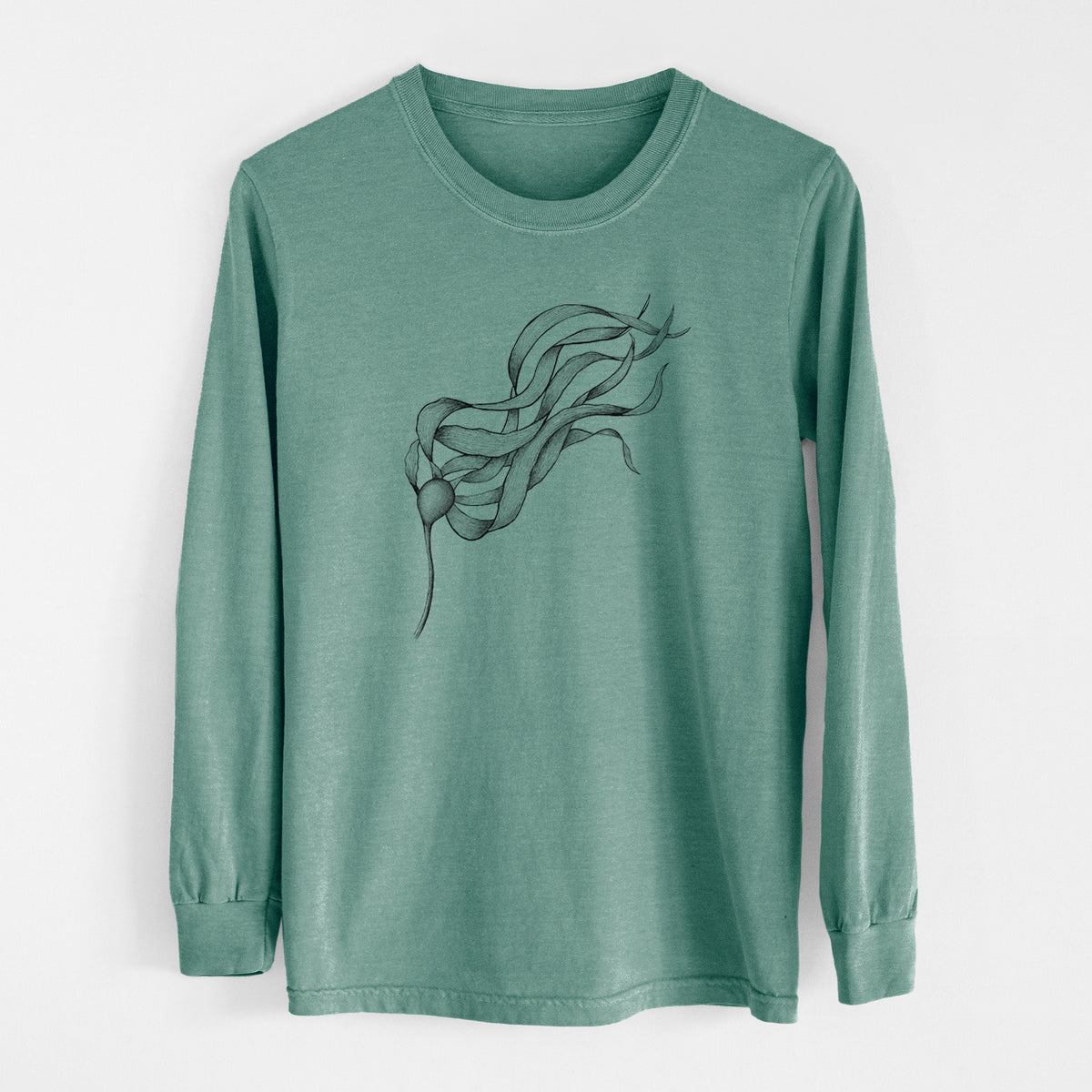Pine green Comfort Colors long sleeve shirt laid flat, printed with a black ink line drawing of a strand of bull kelp with long flowing blades.