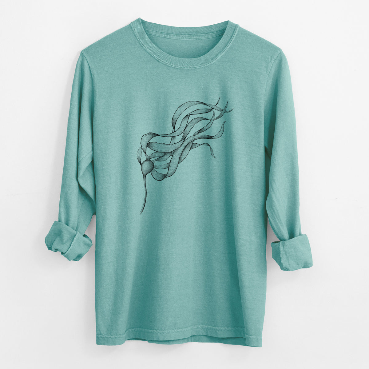 Reef green Comfort Colors long sleeve shirt laid flat with the cuffs rolled, printed with a black ink line drawing of a strand of bull kelp with long flowing blades.
