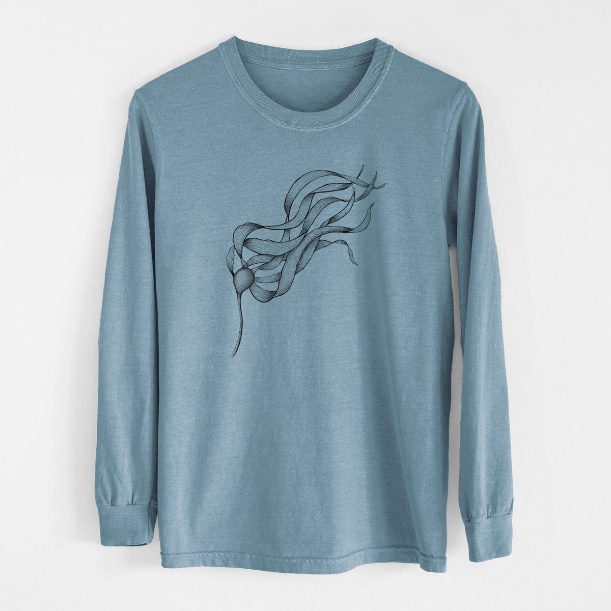 Steel blue Comfort Colors long sleeve shirt laid flat, printed with a black ink line drawing of a strand of bull kelp with long flowing blades.