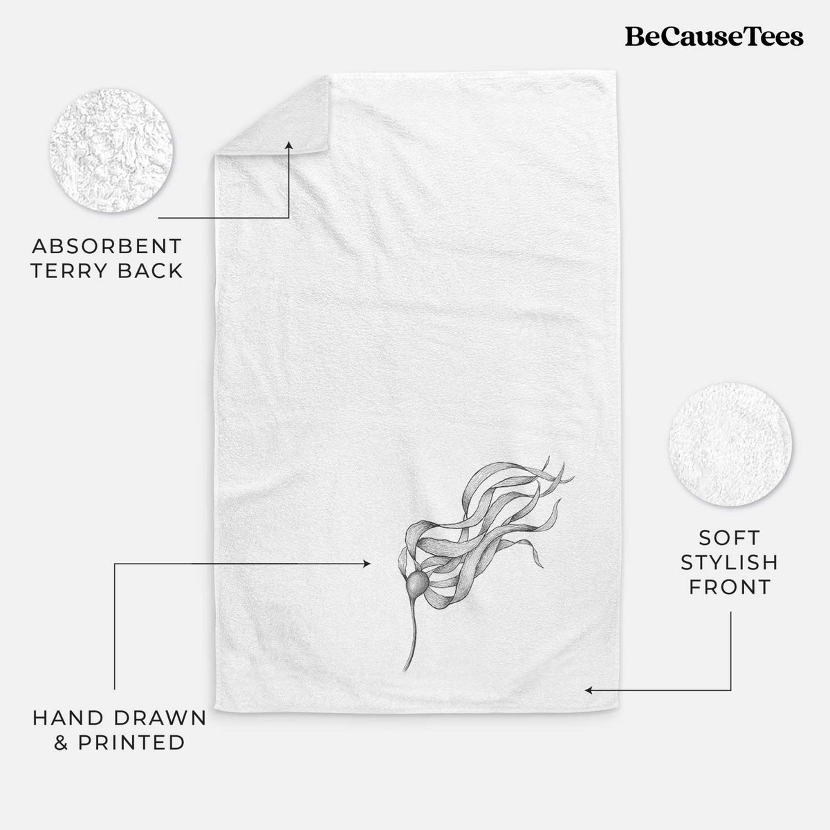 White hand towel printed with a black ink line drawing of a strand of bull kelp with long flowing blades.