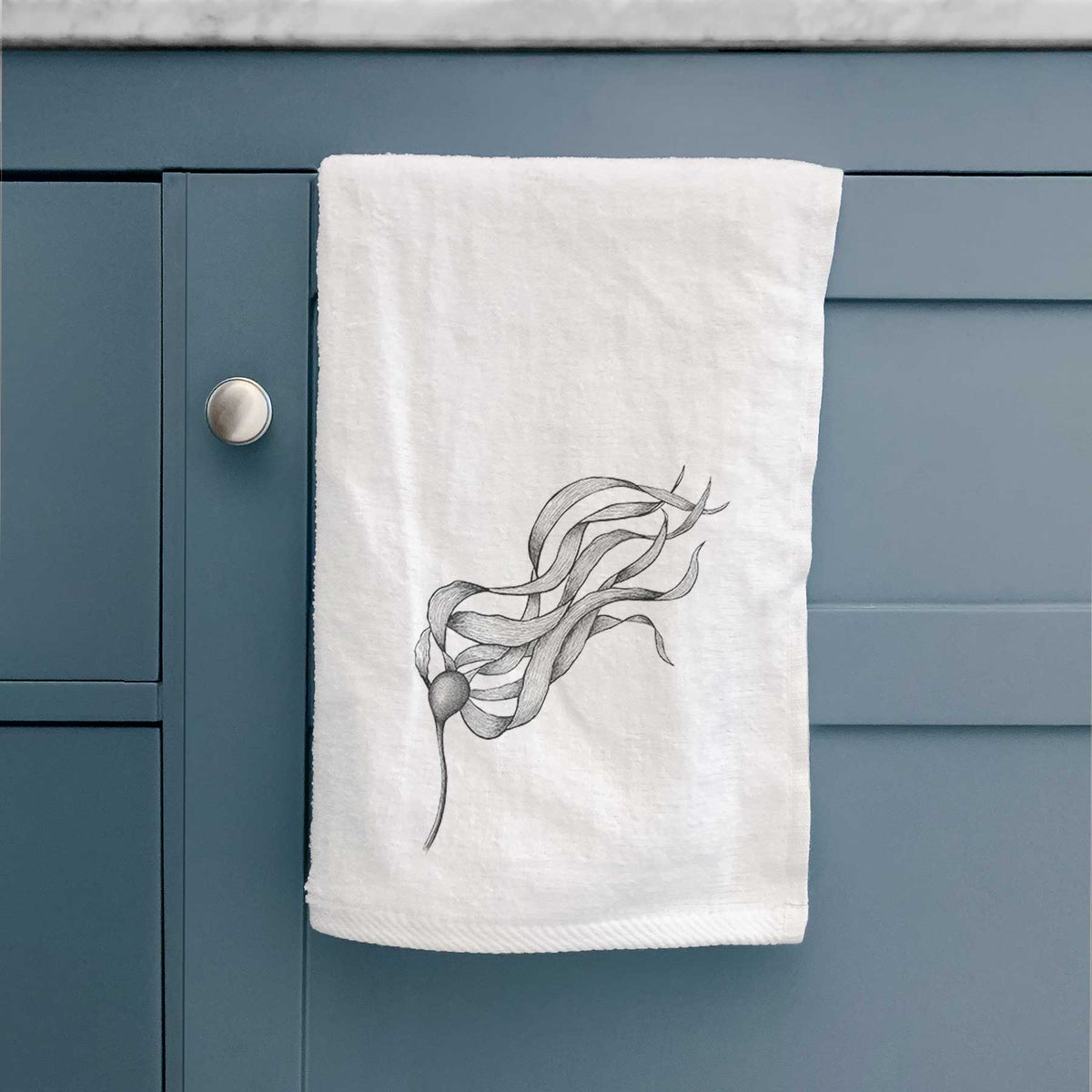White hand towel printed with a black ink line drawing of a strand of bull kelp with long flowing blades, hanging on a cabinet door.