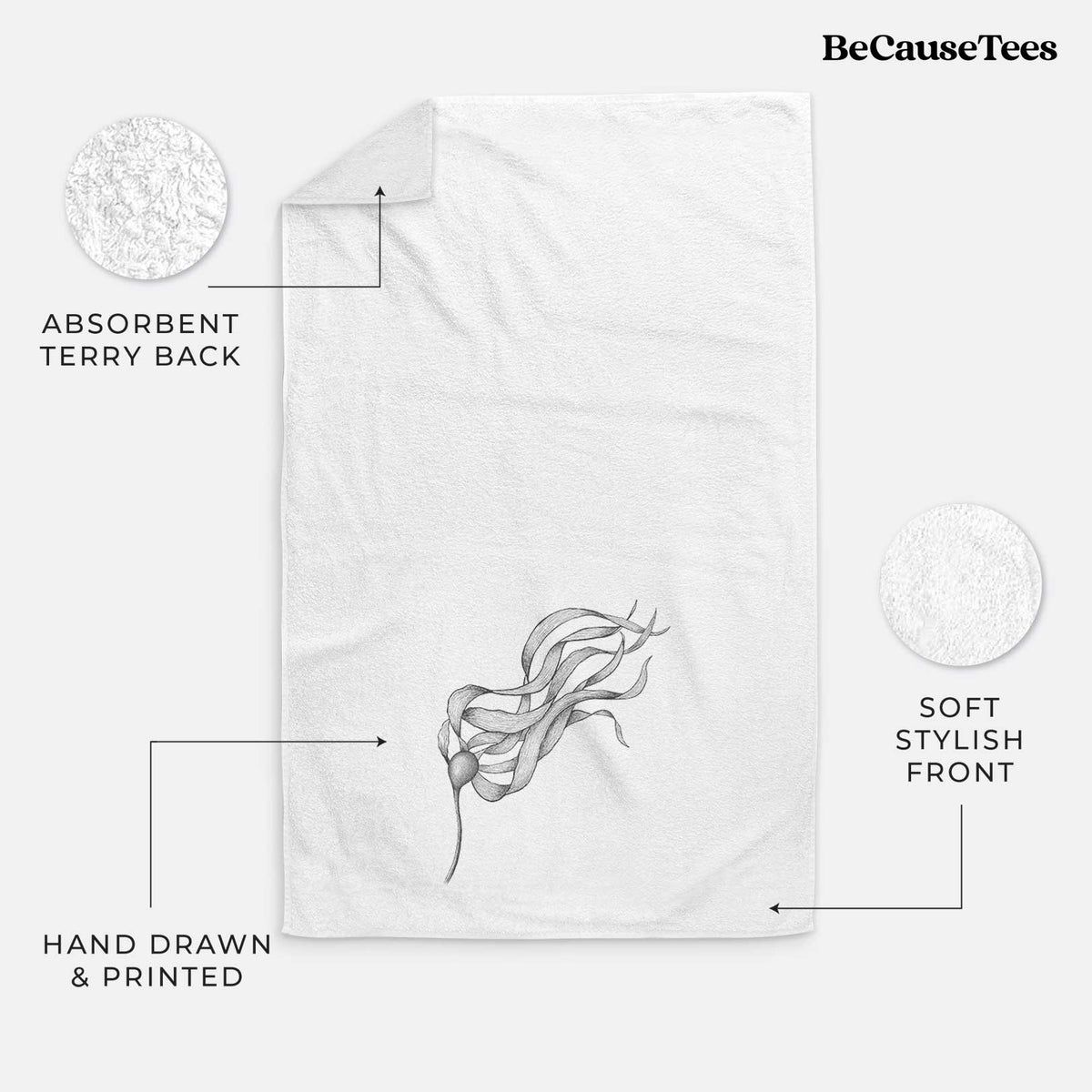 White hand towel printed with a black ink line drawing of a strand of bull kelp with long flowing blades.