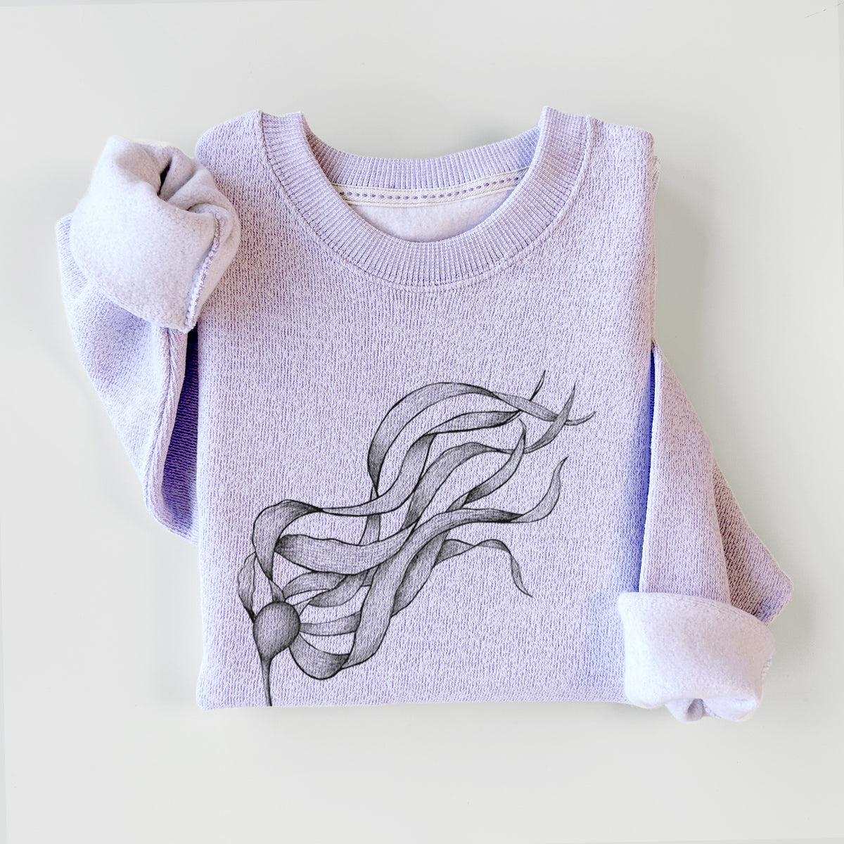 Ice purple knit sweatshirt printed with a black ink line drawing of a strand of bull kelp with long flowing blades, styled flat.