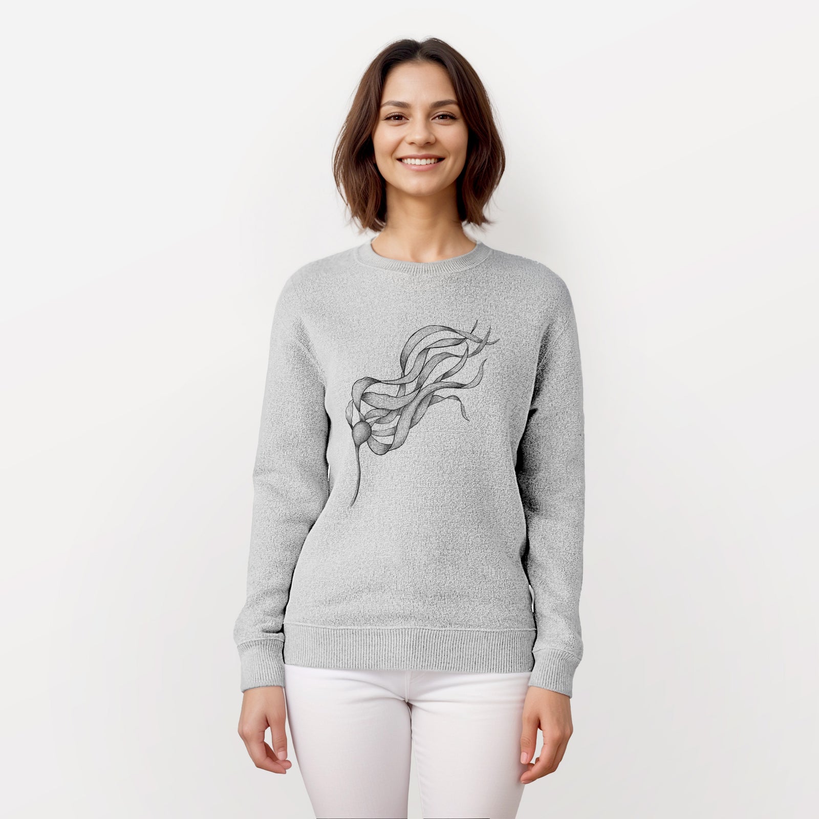 Salt and pepper knit sweatshirt laid flat, printed with a black ink line drawing of a strand of bull kelp with long flowing blades.