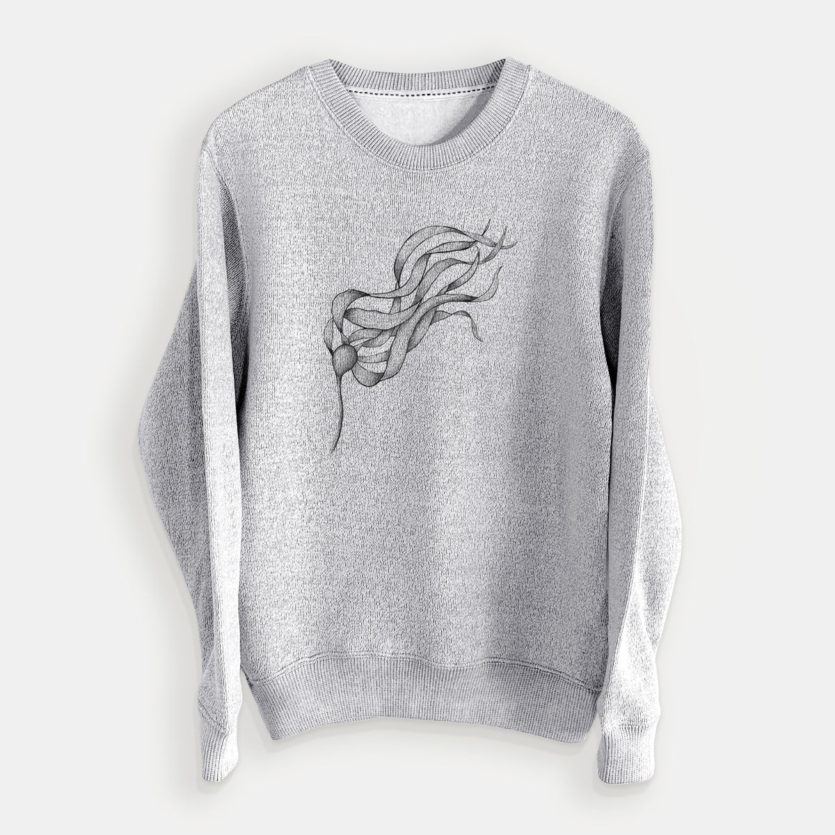 Salt and pepper knit sweatshirt laid flat, printed with a black ink line drawing of a strand of bull kelp with long flowing blades.