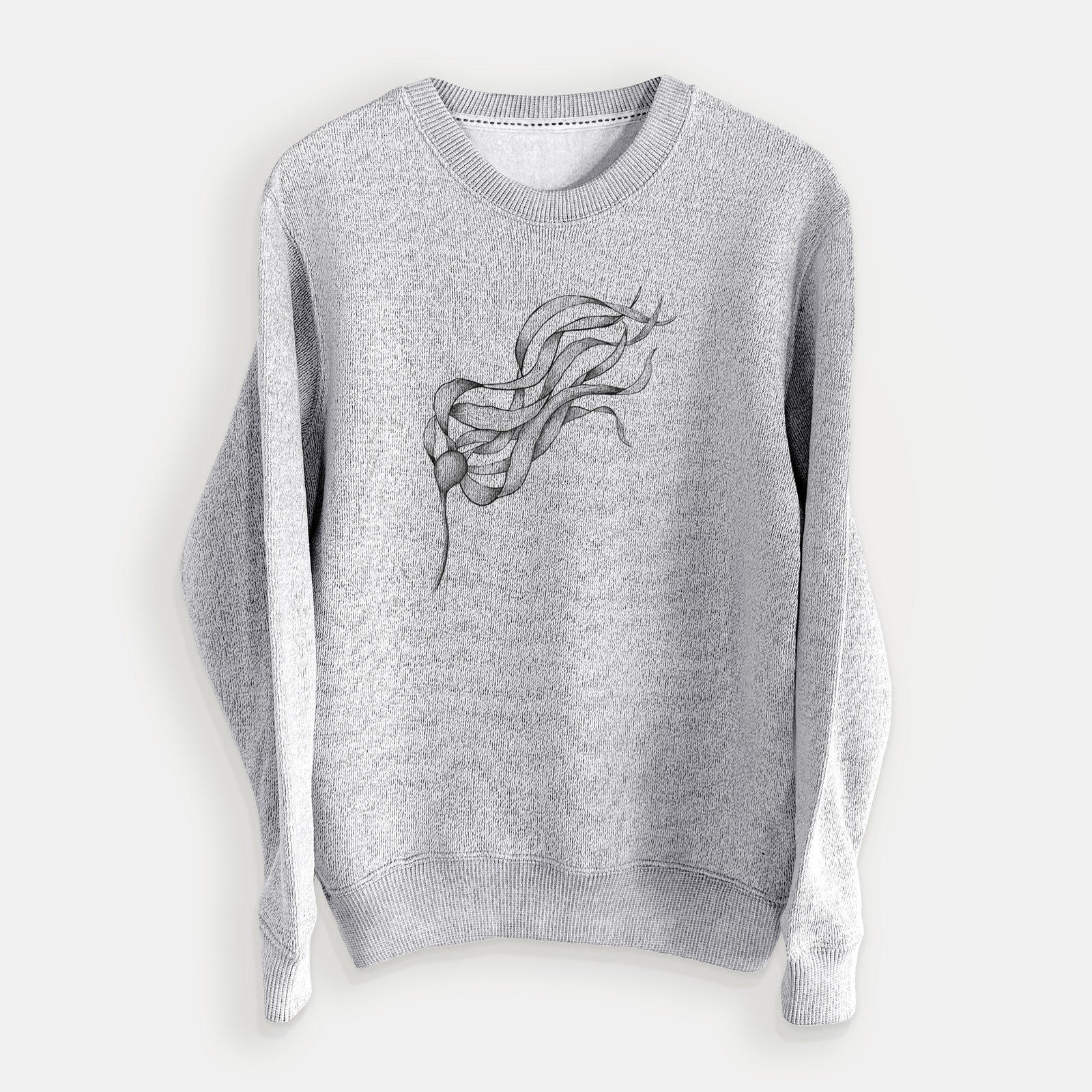 Salt and pepper knit sweatshirt laid flat, printed with a black ink line drawing of a strand of bull kelp with long flowing blades.