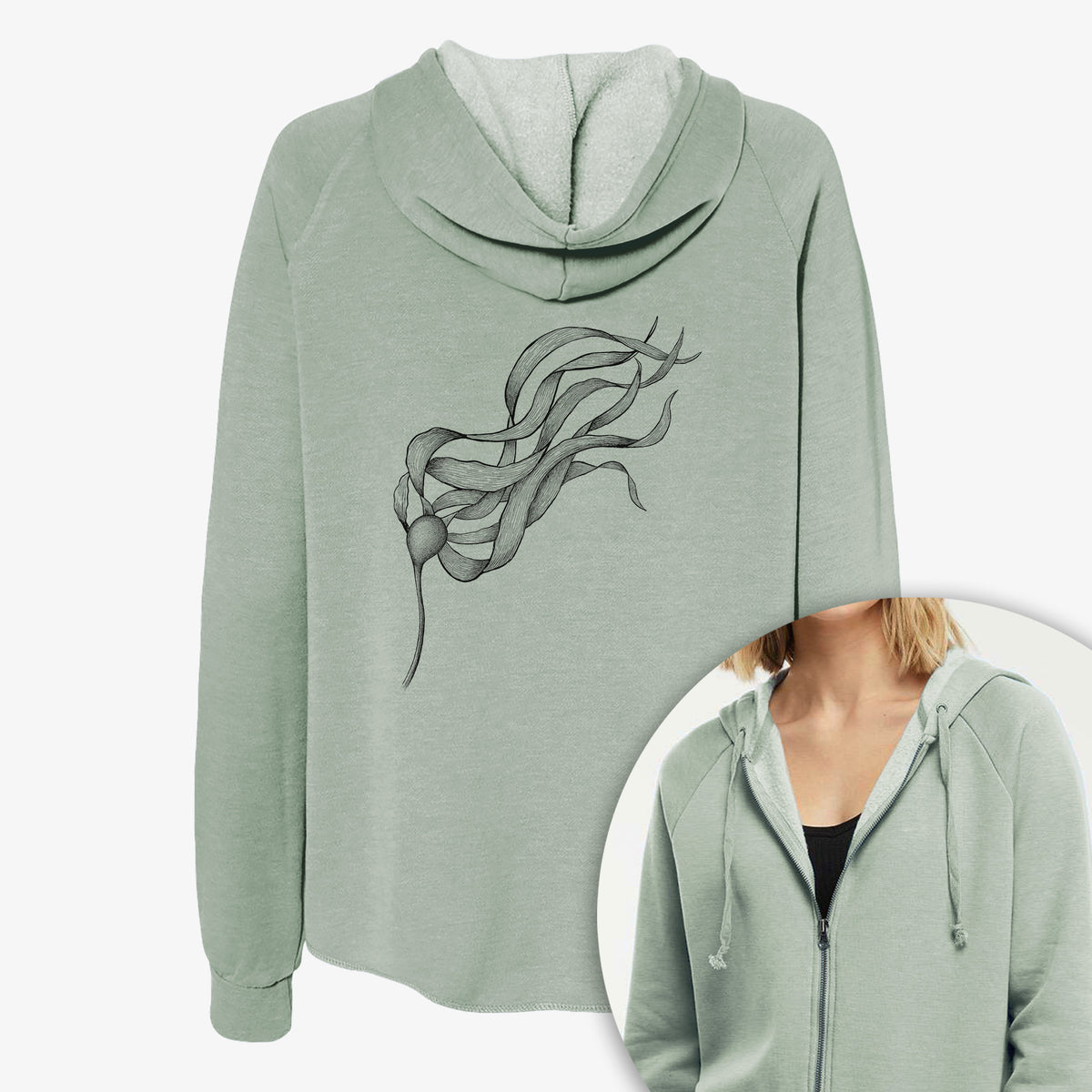 Women's Cali Wave zip-up sweatshirt printed with a black ink line drawing of a strand of bull kelp with long flowing blades, with a close-up of the zipper.
