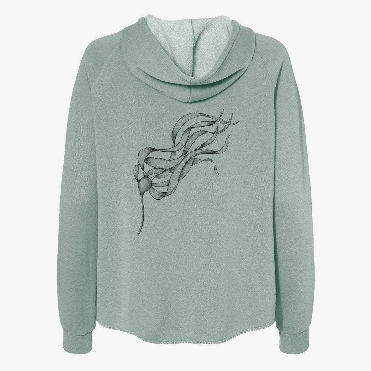 Sage green women's Cali Wave zip-up sweatshirt laid flat, printed with a black ink line drawing of a strand of bull kelp with long flowing blades.