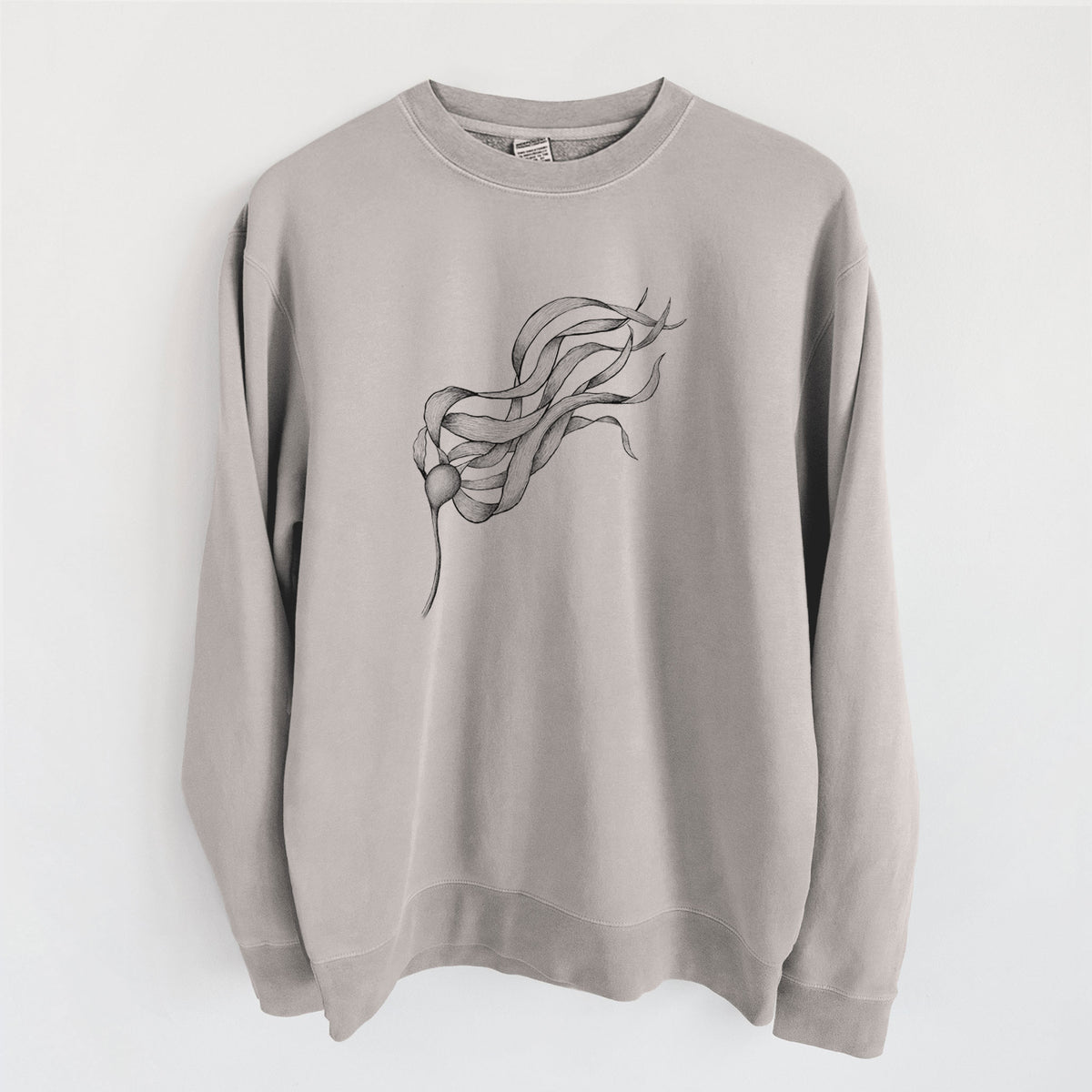 Cement grey pigment dyed crewneck sweatshirt laid flat, printed with a black ink line drawing of a strand of bull kelp with long flowing blades.