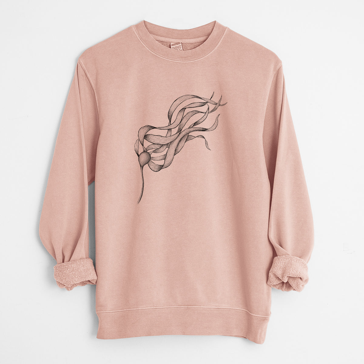 Dusty pink pigment dyed crewneck sweatshirt laid flat with the sleeves rolled, printed with a black ink line drawing of a strand of bull kelp with long flowing blades.