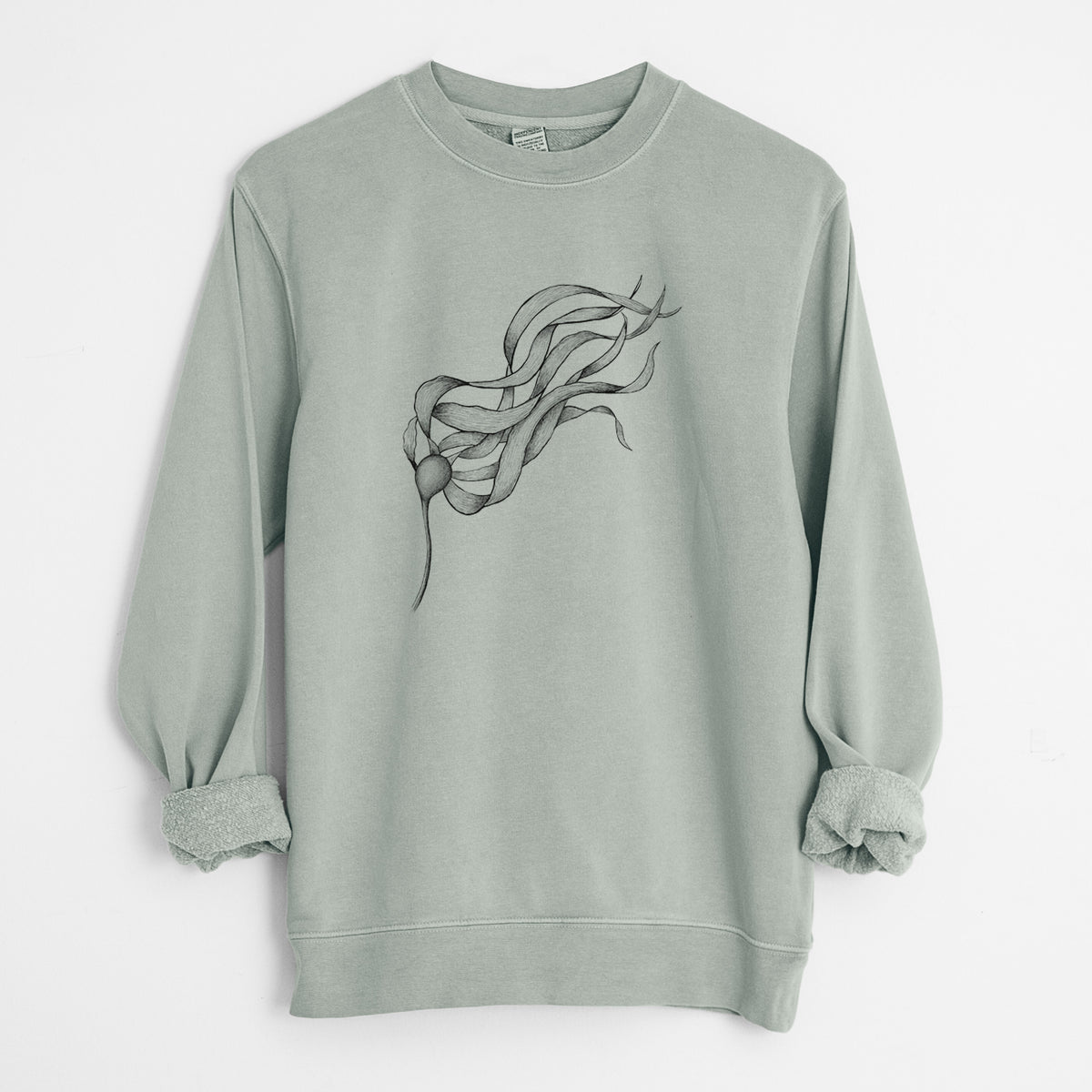 Sage green pigment dyed crewneck sweatshirt laid flat with the sleeves rolled, printed with a black ink line drawing of a strand of bull kelp with long flowing blades.