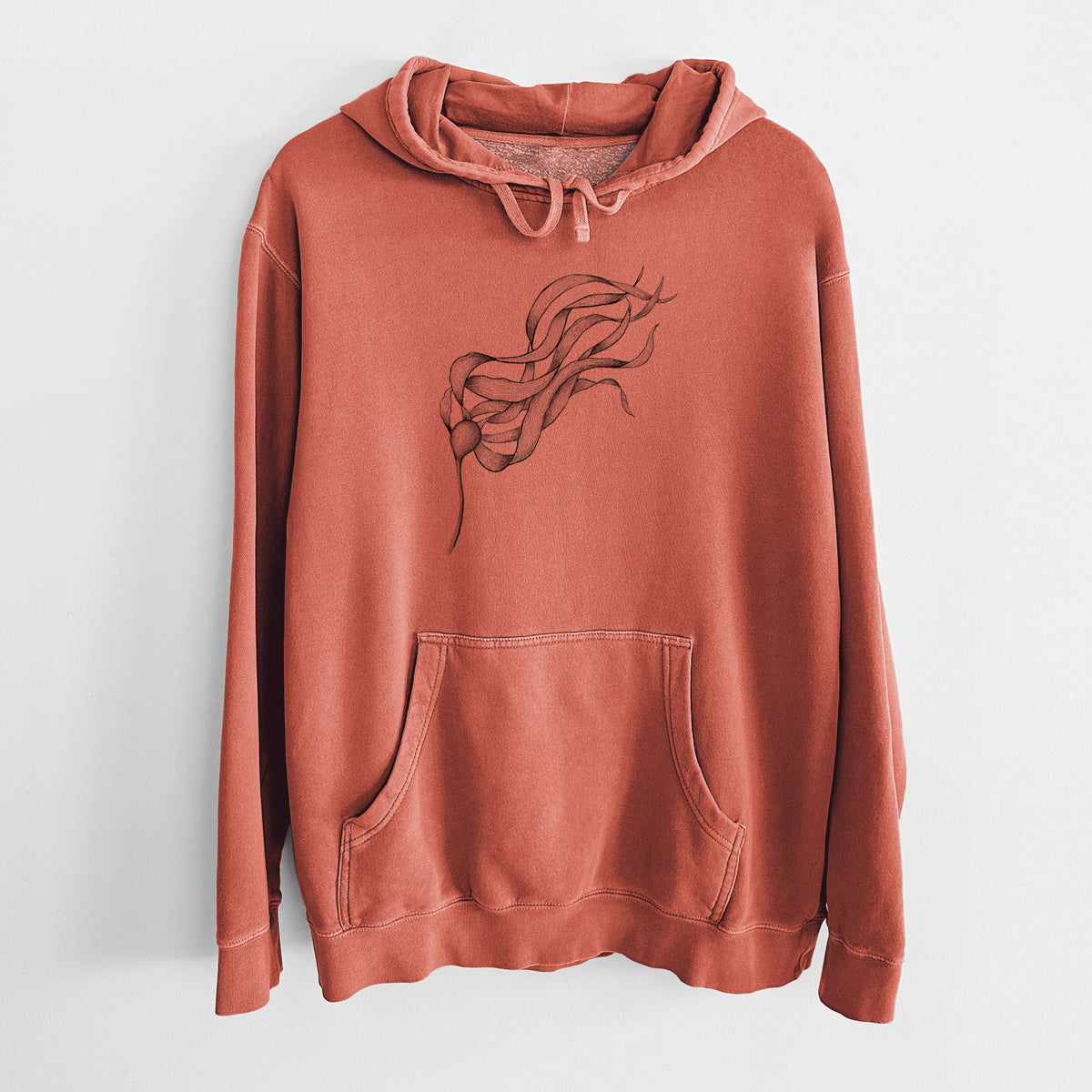 Amber orange pigment dyed hoodie laid flat, printed with a black ink line drawing of a strand of bull kelp with long flowing blades.