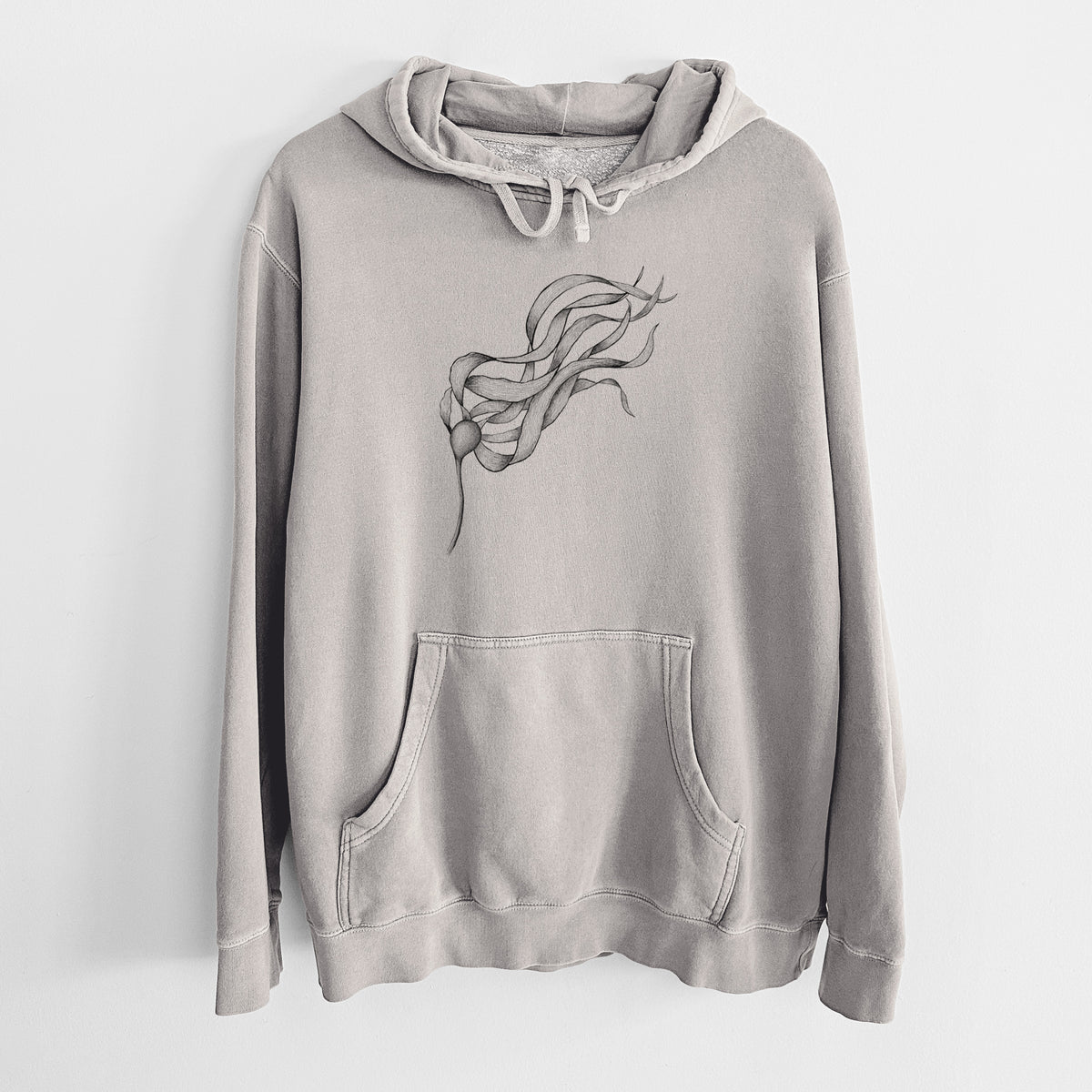 Cement grey pigment dyed hoodie laid flat, printed with a black ink line drawing of a strand of bull kelp with long flowing blades.