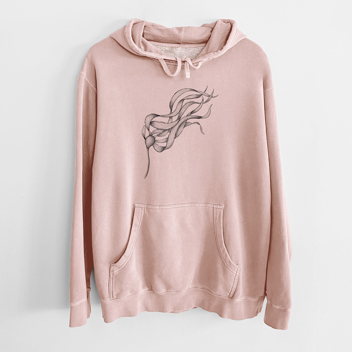Dusty pink pigment dyed hoodie laid flat, printed with a black ink line drawing of a strand of bull kelp with long flowing blades.