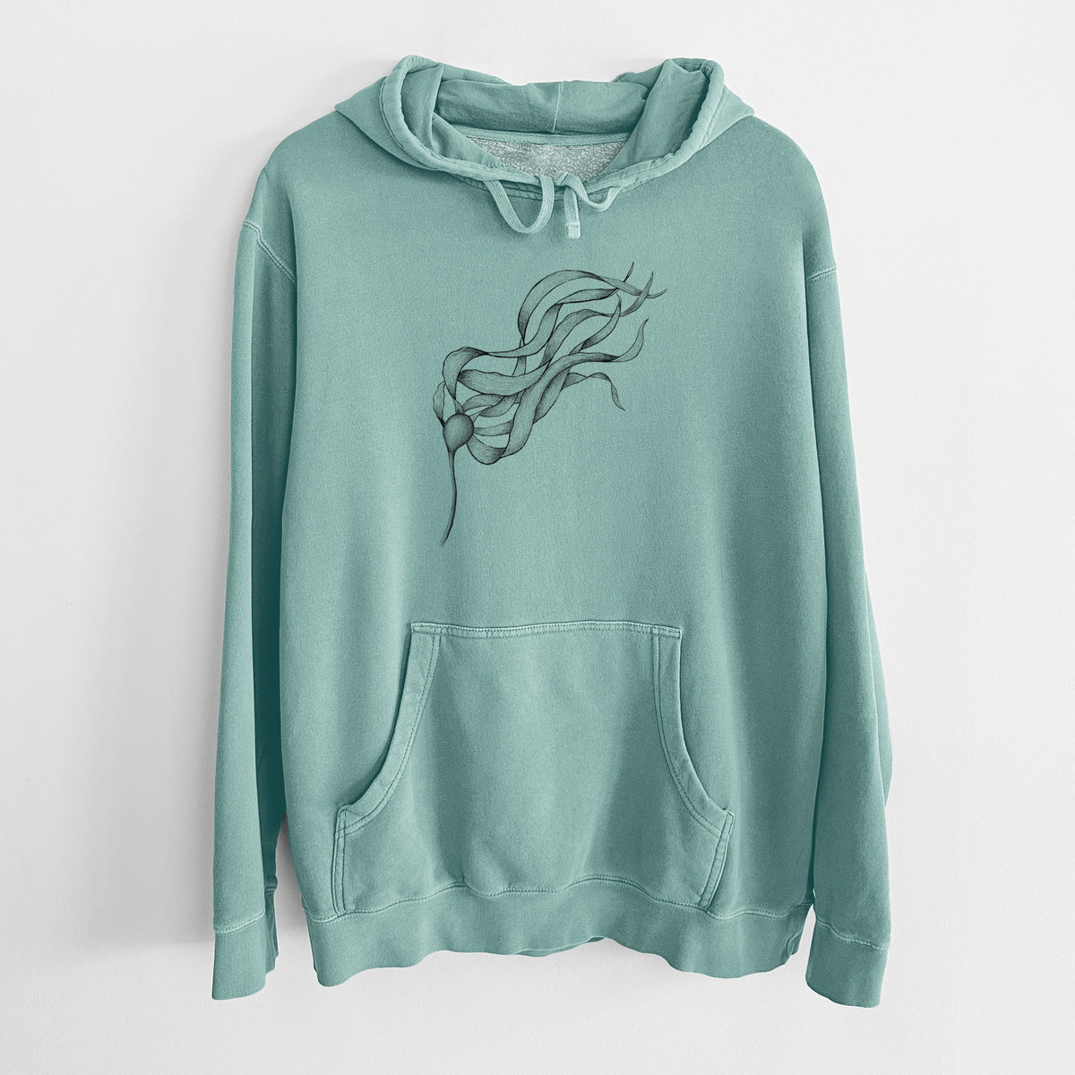 Mint green pigment dyed hoodie laid flat, printed with a black ink line drawing of a strand of bull kelp with long flowing blades.