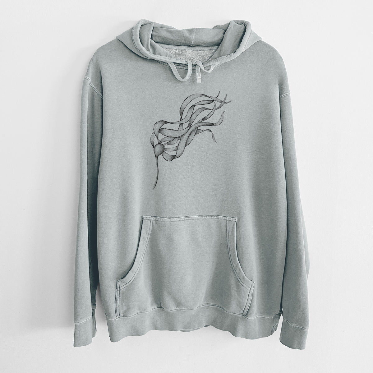 Sage green pigment dyed hoodie laid flat, printed with a black ink line drawing of a strand of bull kelp with long flowing blades.
