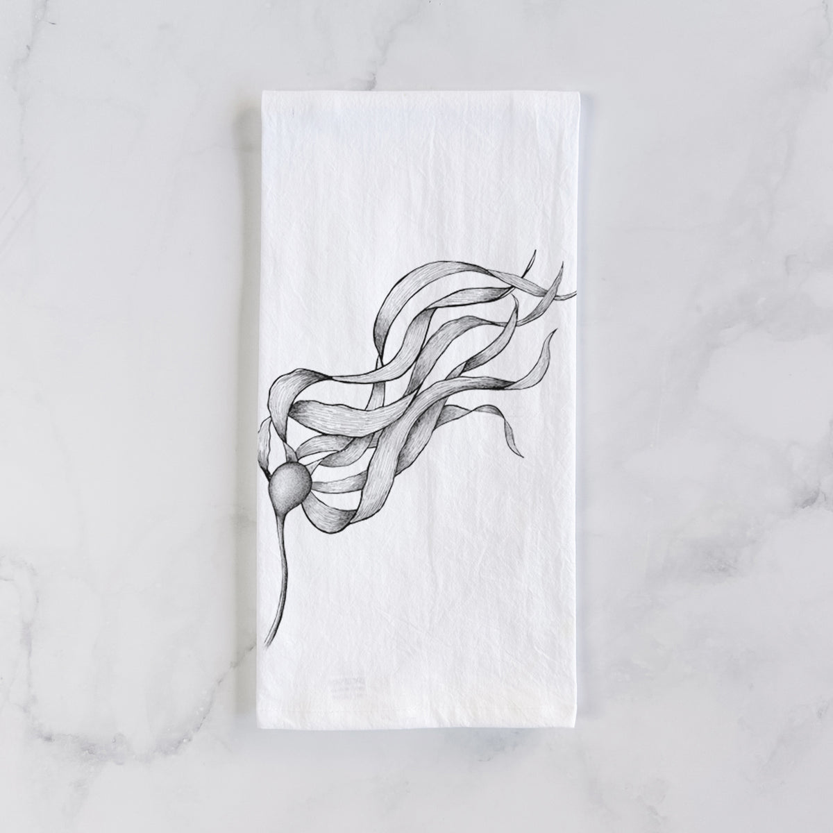 White cotton tea towel laid flat on marble, printed with a black ink line drawing of a strand of bull kelp with long flowing blades.