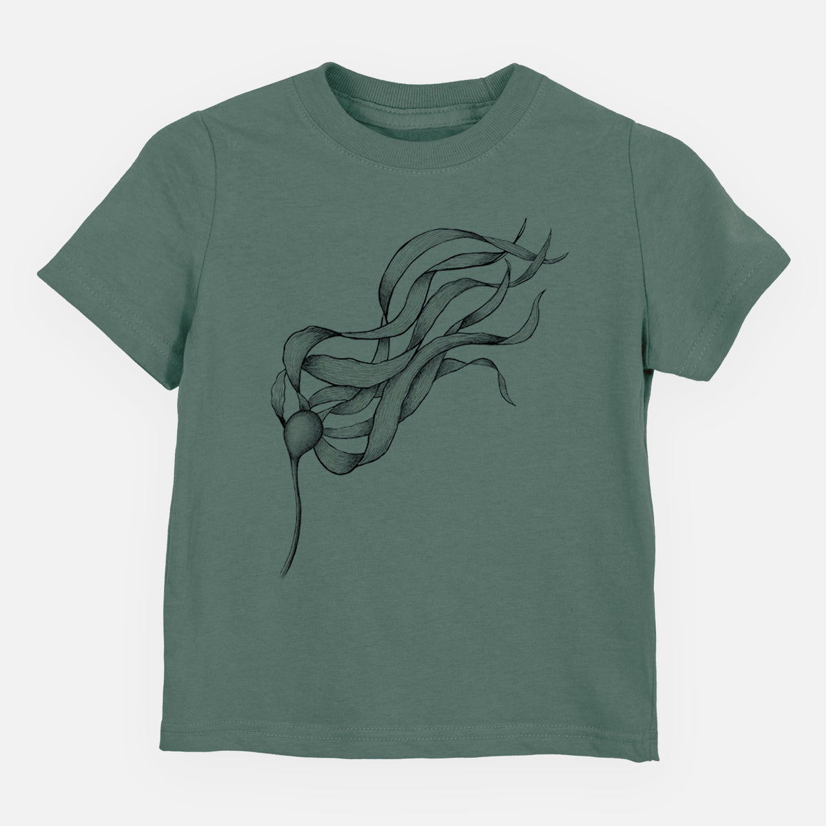 Basil green toddler t-shirt laid flat, printed with a black ink line drawing of a strand of bull kelp with long flowing blades.
